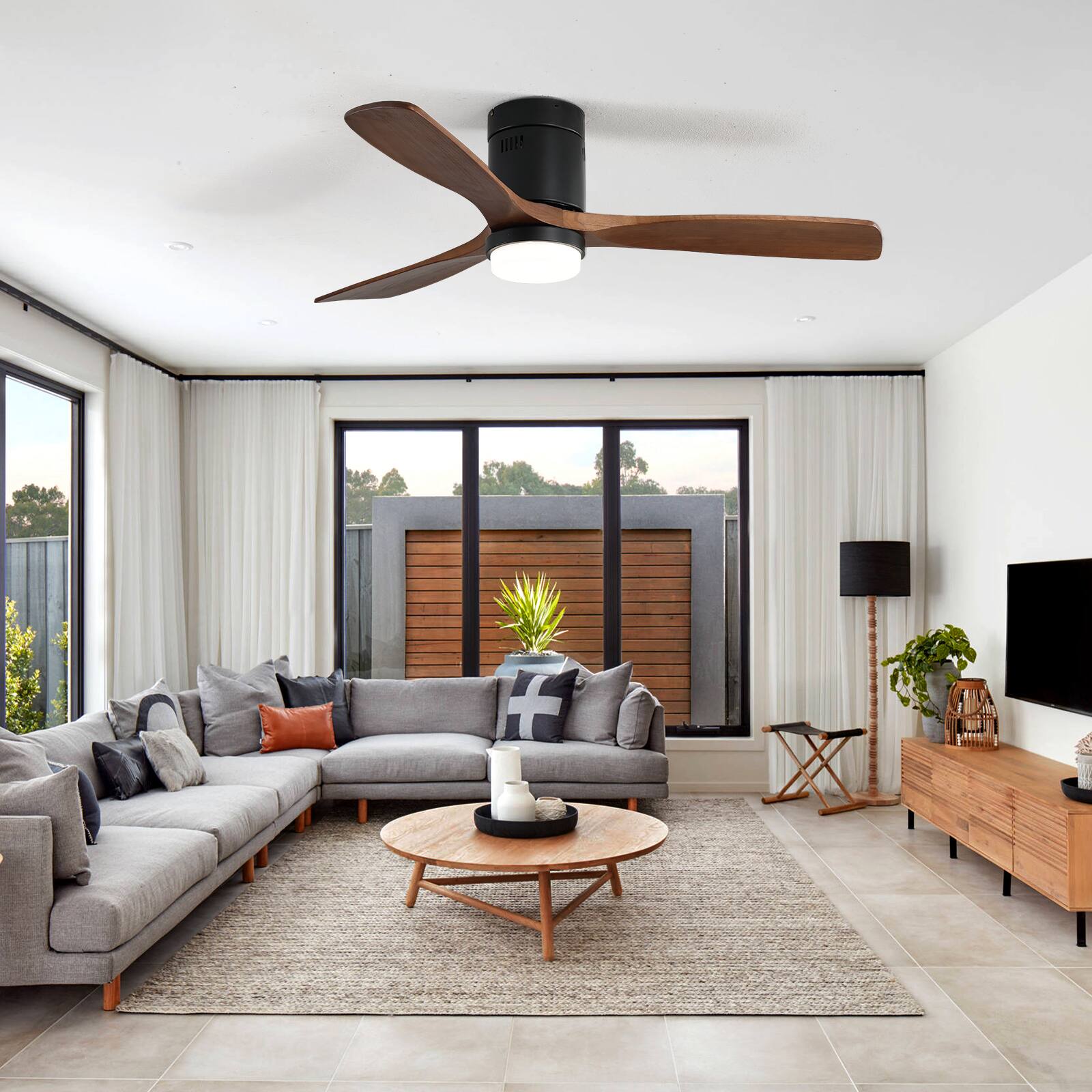 Back. HOMLUX - 52 Inch Indoor Ceiling Fan 3 Solid Wood Fan Blade Noiseless Reversible Motor Remote Control With Light - Black.