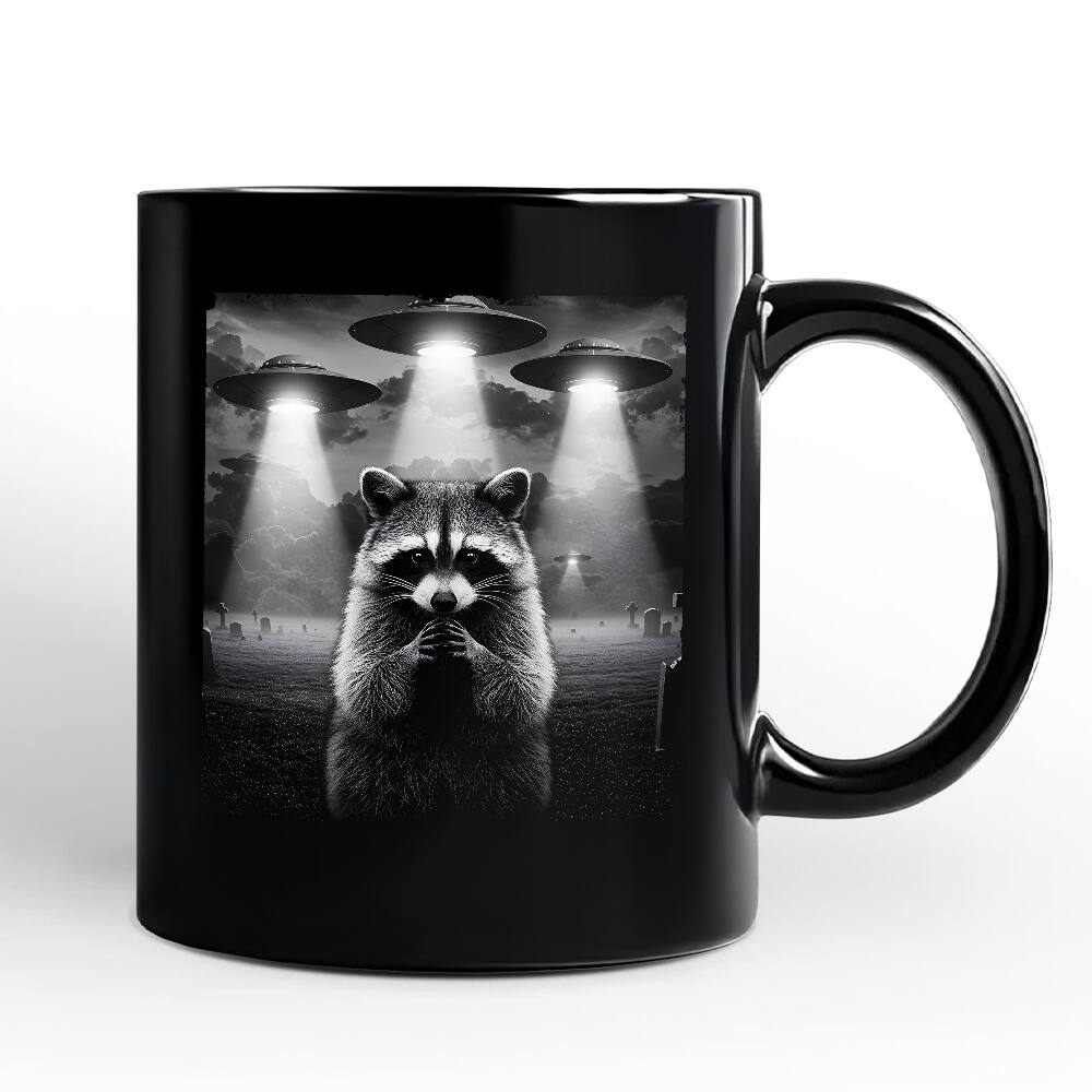 OrnamentallyYou - Funny Raccoon UFO Mug, Unisex Gift - Black