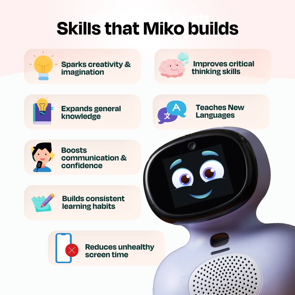 Skills that Miko builds

- Sparks creativity & imagination
- Improves critical thinking skills
- Expands general knowledge
- Teaches New Languages
- Boosts communication & confidence
- Builds consistent learning habits
- Reduces unhealthy screen time