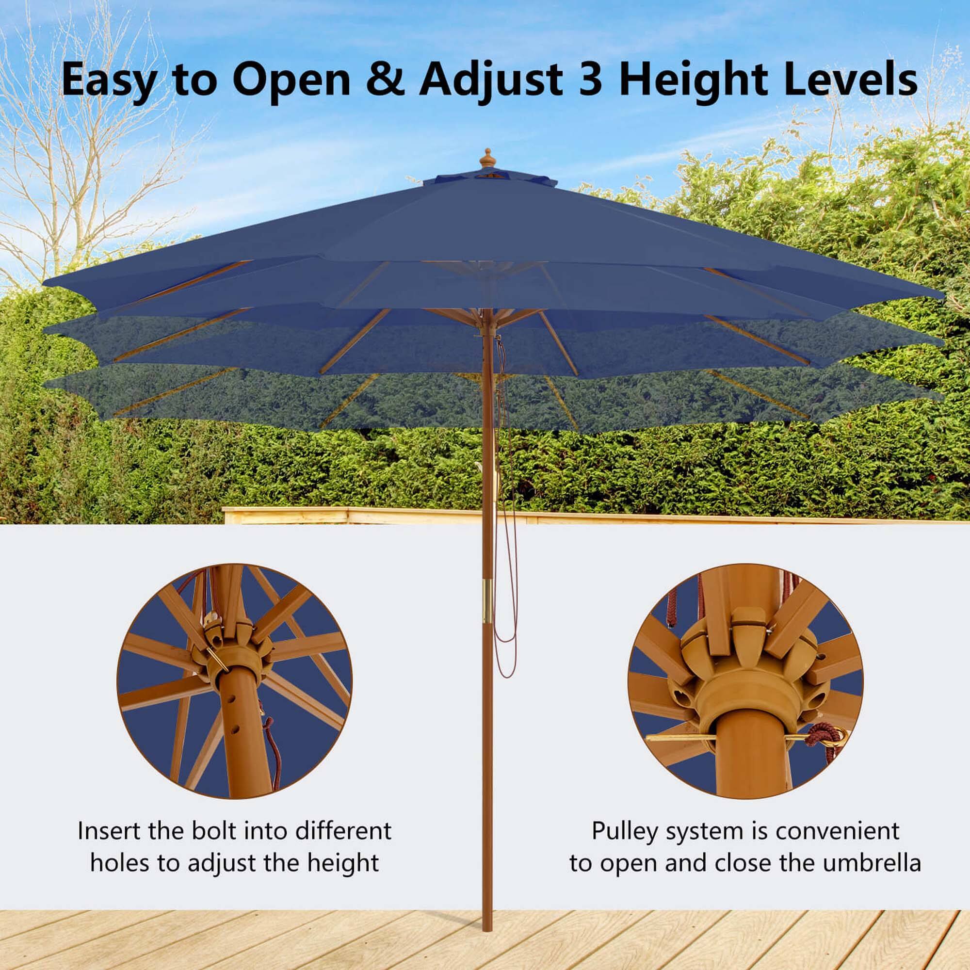 Easy to Open & Adjust 3 Height Levels:

1. Insert the bolt into different holes to adjust the height.
2. Pulley system is convenient to open and close the umbrella.