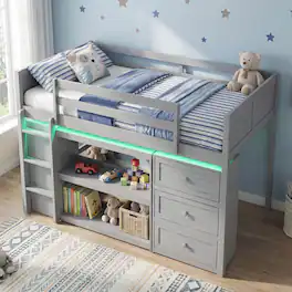 Costway - Twin Size Loft Bed with LED Lights Underbed Space Drawers Shelves Ladder - Gray
