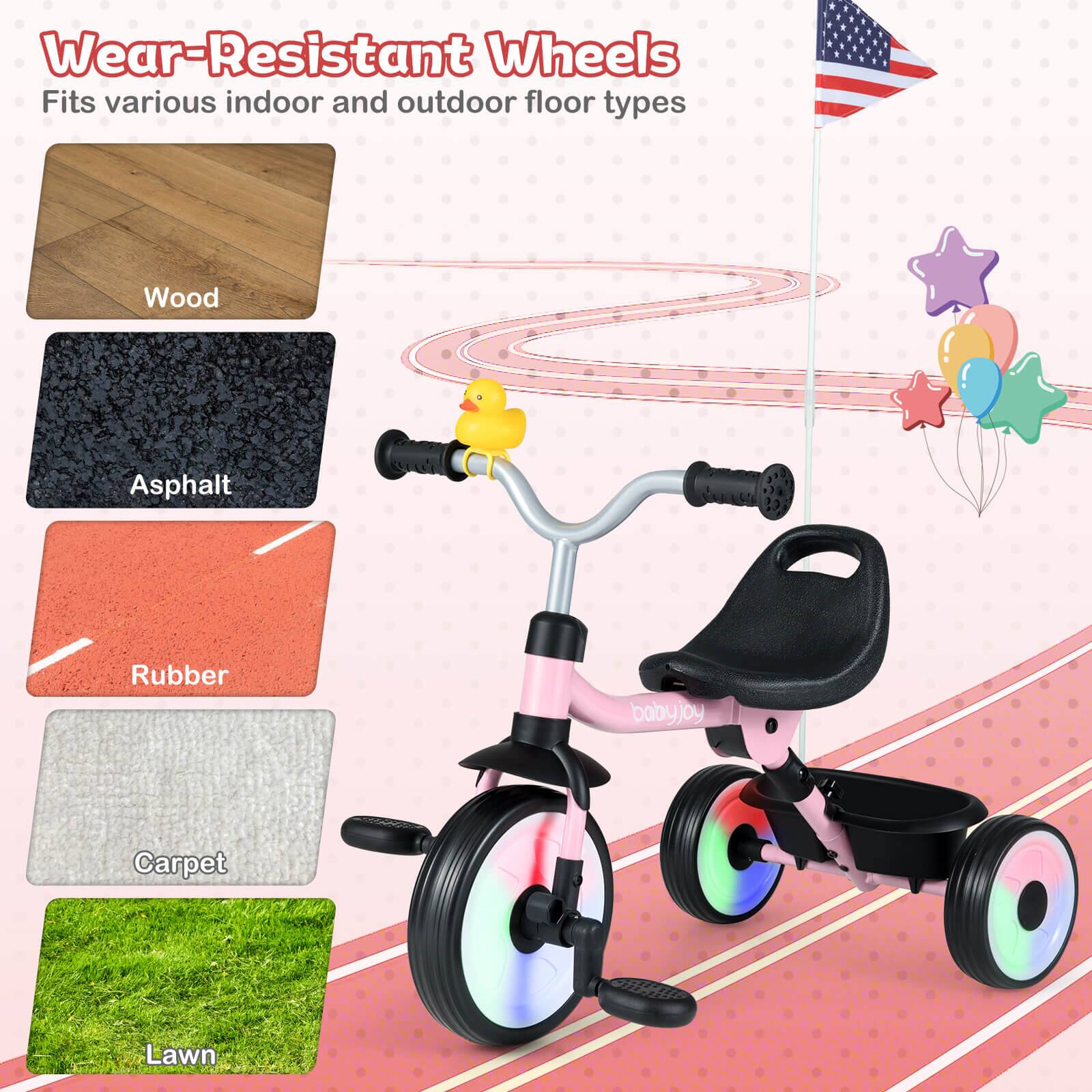 Wear-Resistant Wheels  
Fits various indoor and outdoor floor types  

- Wood  
- Asphalt  
- Rubber  
- Carpet  
- Lawn