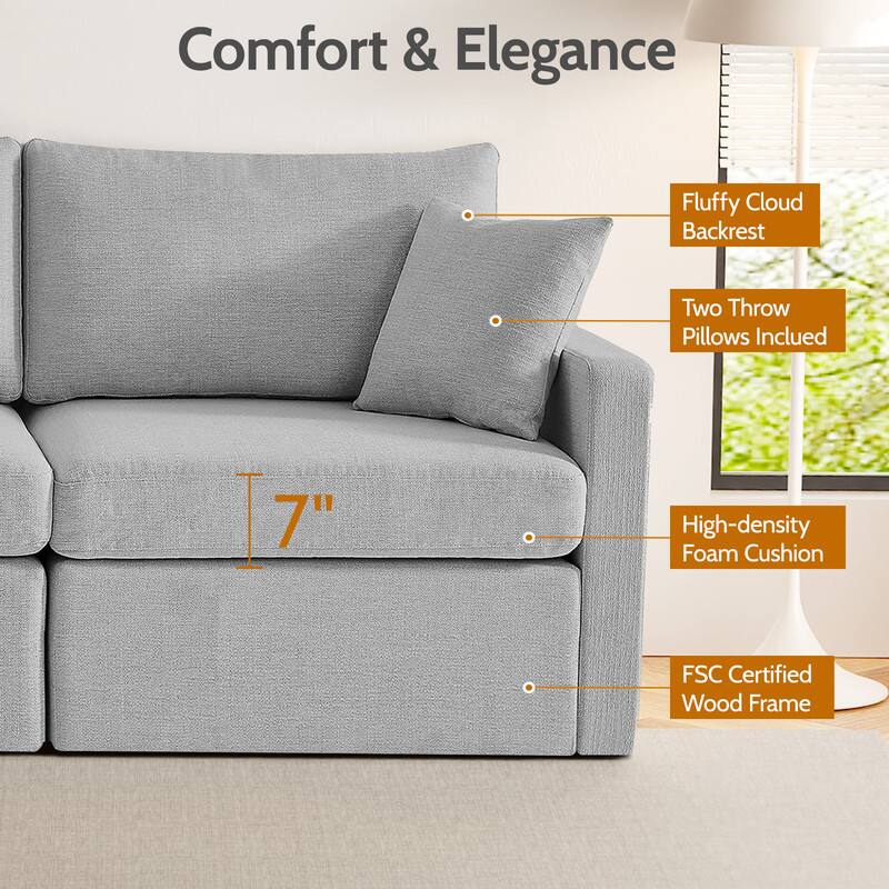 Comfort & Elegance

- Fluffy Cloud Backrest
- Two Throw Pillows Included
- 7" High-density Foam Cushion
- FSC Certified Wood Frame