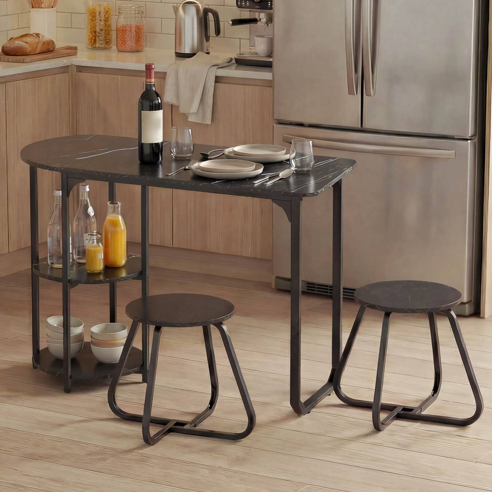Alt View 4. Costway - Costway Rectangular Kitchen Table & 2 Stools with 2-tier Storage Shelves & Metal Legs - Black.