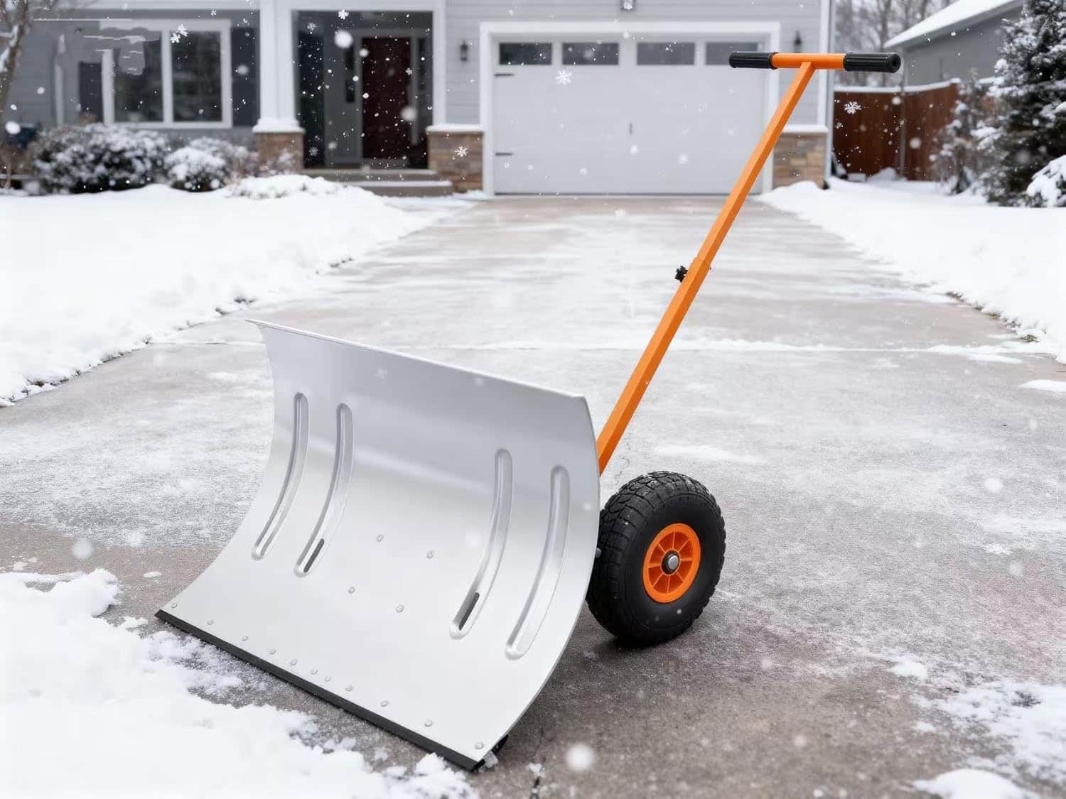 Babevy - 29in Wheeled Snow Pusher, Steel Plow, Adjustable Handle, Single Rod, Doorway/Sidewalk Tool, Silver