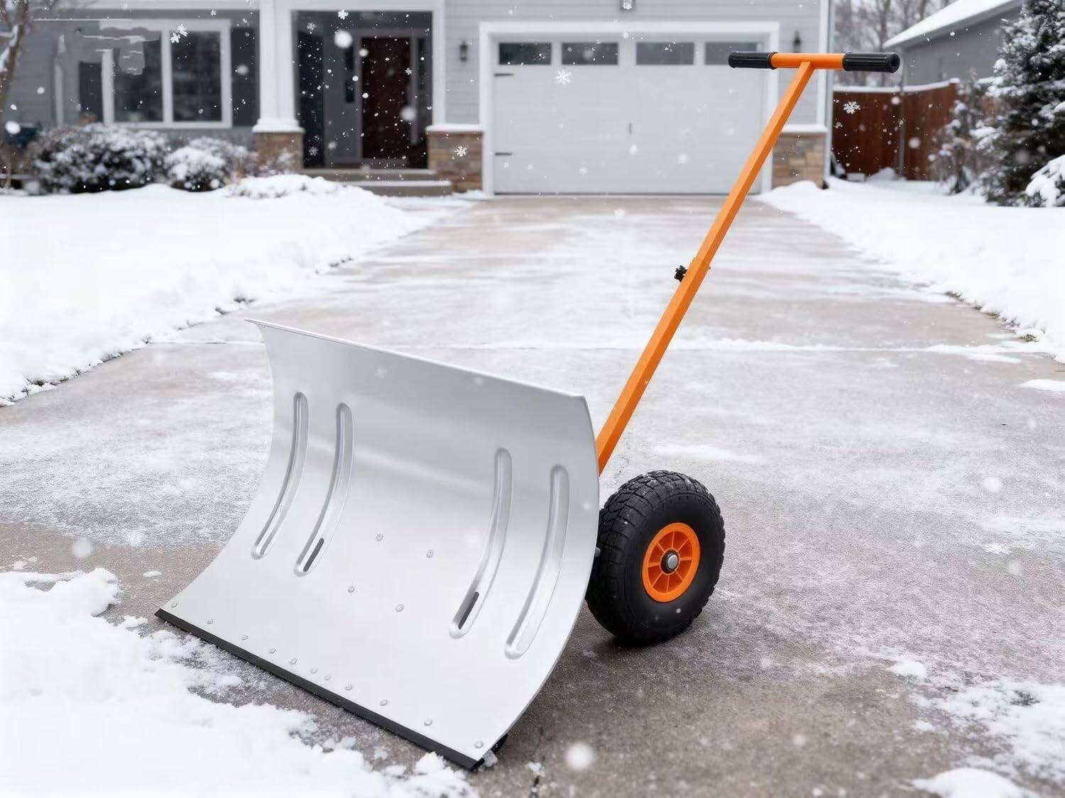 Front. Babevy - 29in Wheeled Snow Pusher, Steel Plow, Adjustable Handle, Single Rod, Doorway/Sidewalk Tool, Silver.