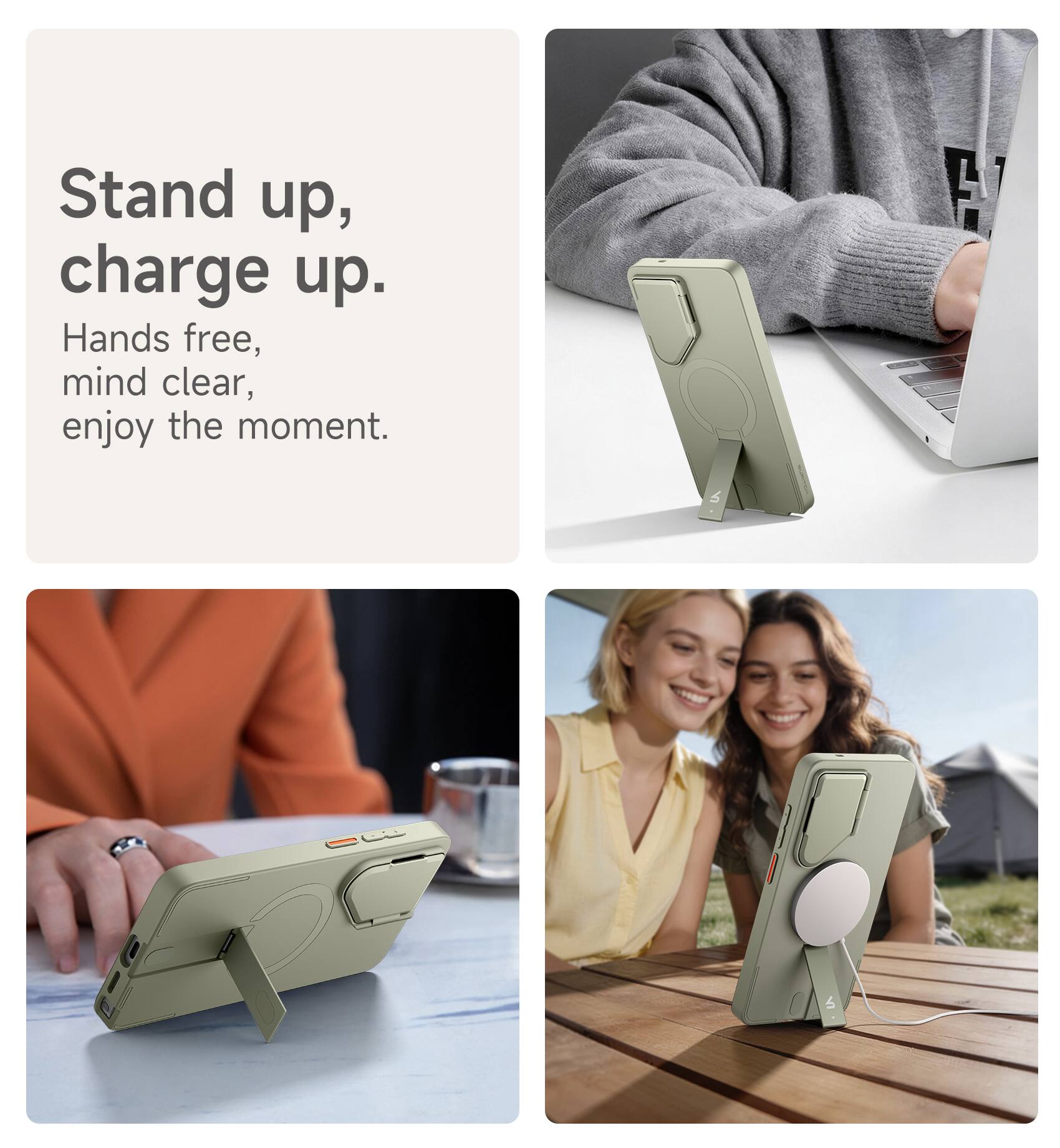 Stand up, charge up.  
Hands free, mind clear, enjoy the moment.