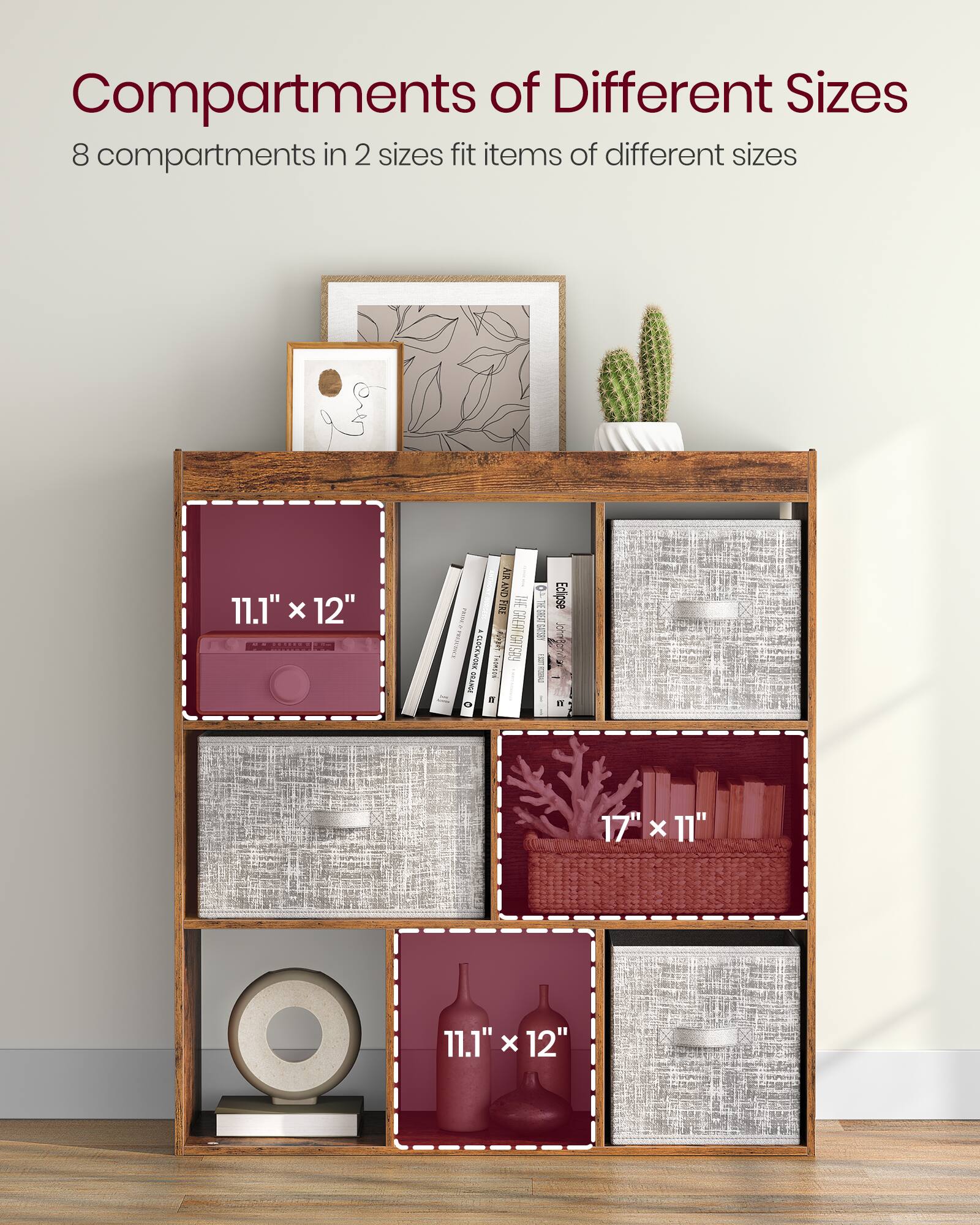 Compartments of Different Sizes

8 compartments in 2 sizes fit items of different sizes

11.1" x 12"

17" x 11"

11.1" x 12"