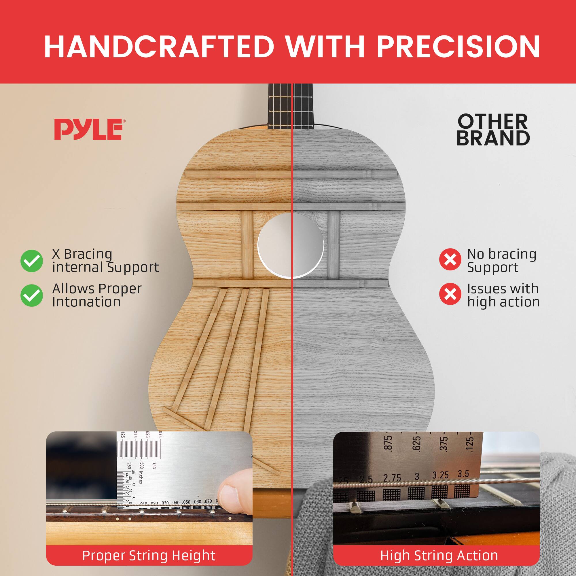 HANDCRAFTED WITH PRECISION

PYLE

- X Bracing internal Support
- Allows Proper Intonation

Proper String Height

OTHER BRAND

- No bracing Support
- Issues with high action

High String Action