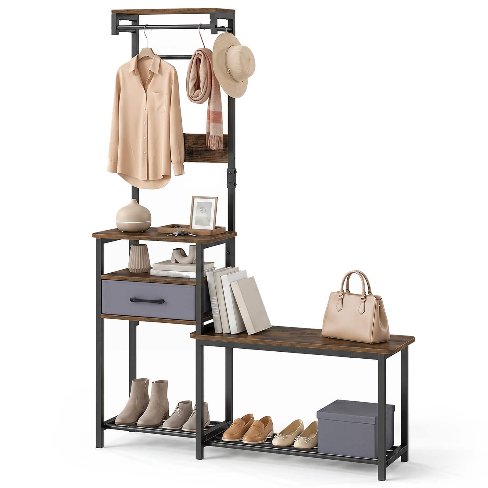 Costway - 7-in-1 Hall Tree with Shoe Bench, Freestanding Coat Rack with Hooks, Shoe Rack - Rustic Brown + Black