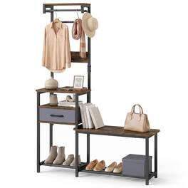 Costway - 7-in-1 Hall Tree with Shoe Bench, Freestanding Coat Rack with Hooks, Shoe Rack - Rustic Brown + Black