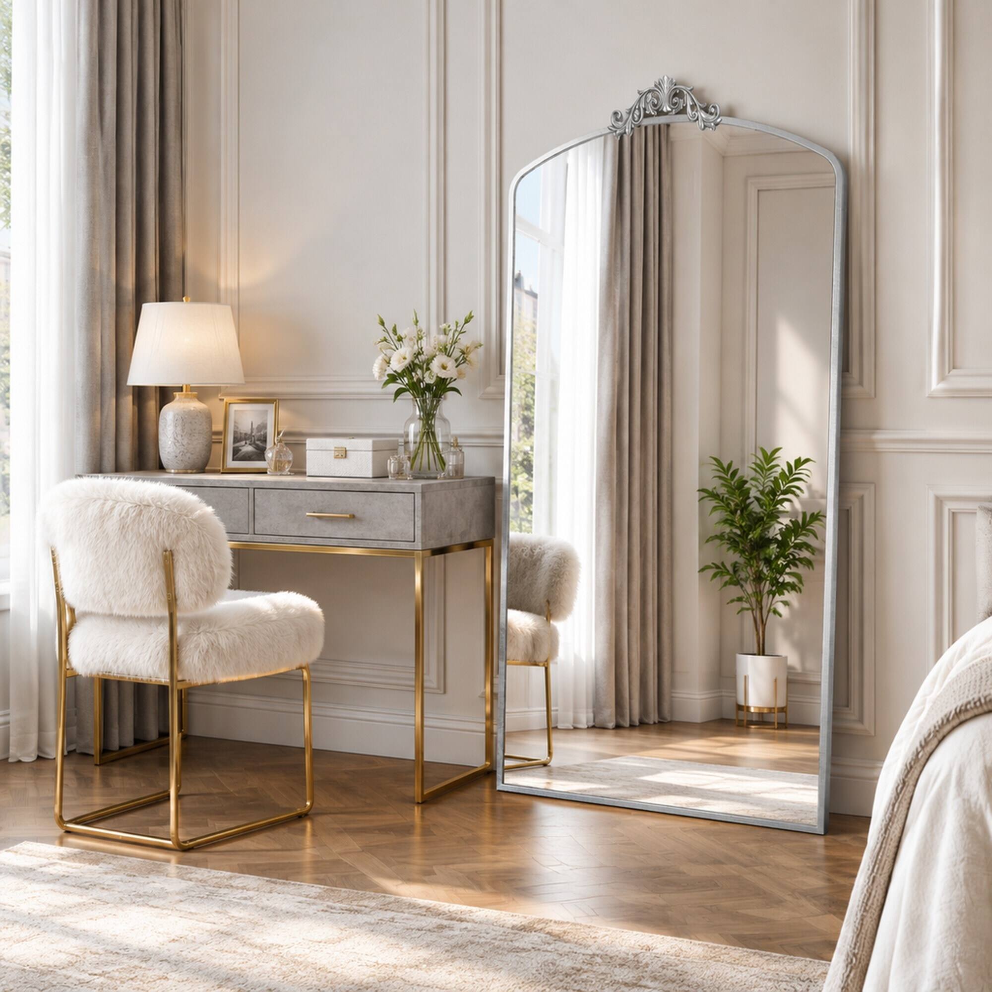 Alt View 2. RYHNUYNE - 36x66 Inch Ornate Arched Full Length Floor Mirror, Metal Frame, Antique Silver, Wall Mounted or Leaning - Antique Silver.