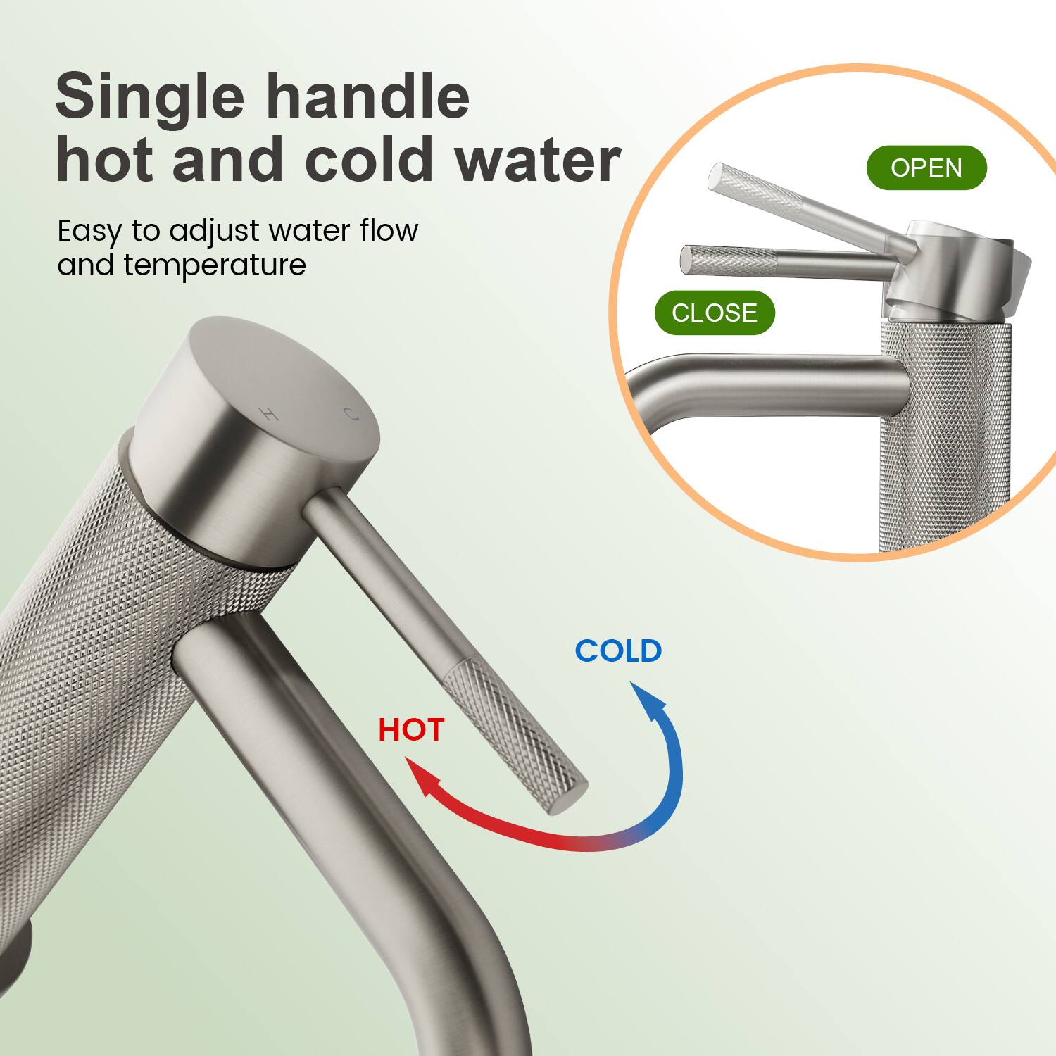 Single handle hot and cold water  
Easy to adjust water flow and temperature  

OPEN  
CLOSE  

HOT  
COLD
