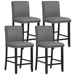 Gymax - Set of 4 Bar Stools Linen Fabric Counter Height Chairs for Kitchen Island Grey - Gray