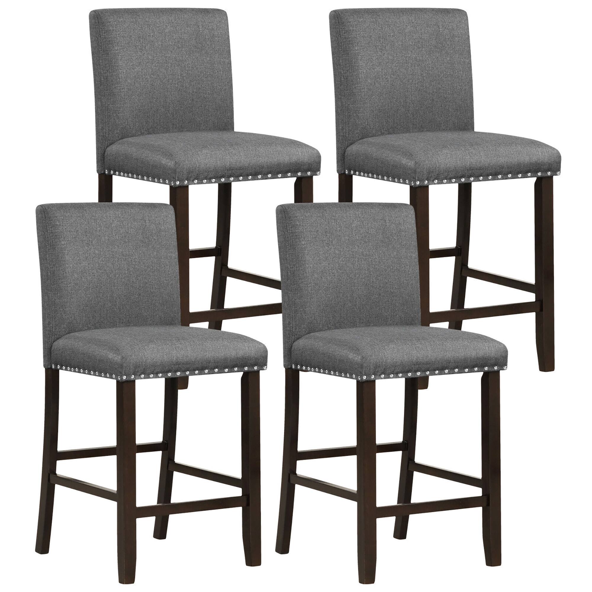 Gymax - Set of 4 Bar Stools Linen Fabric Counter Height Chairs for Kitchen Island Grey - Gray