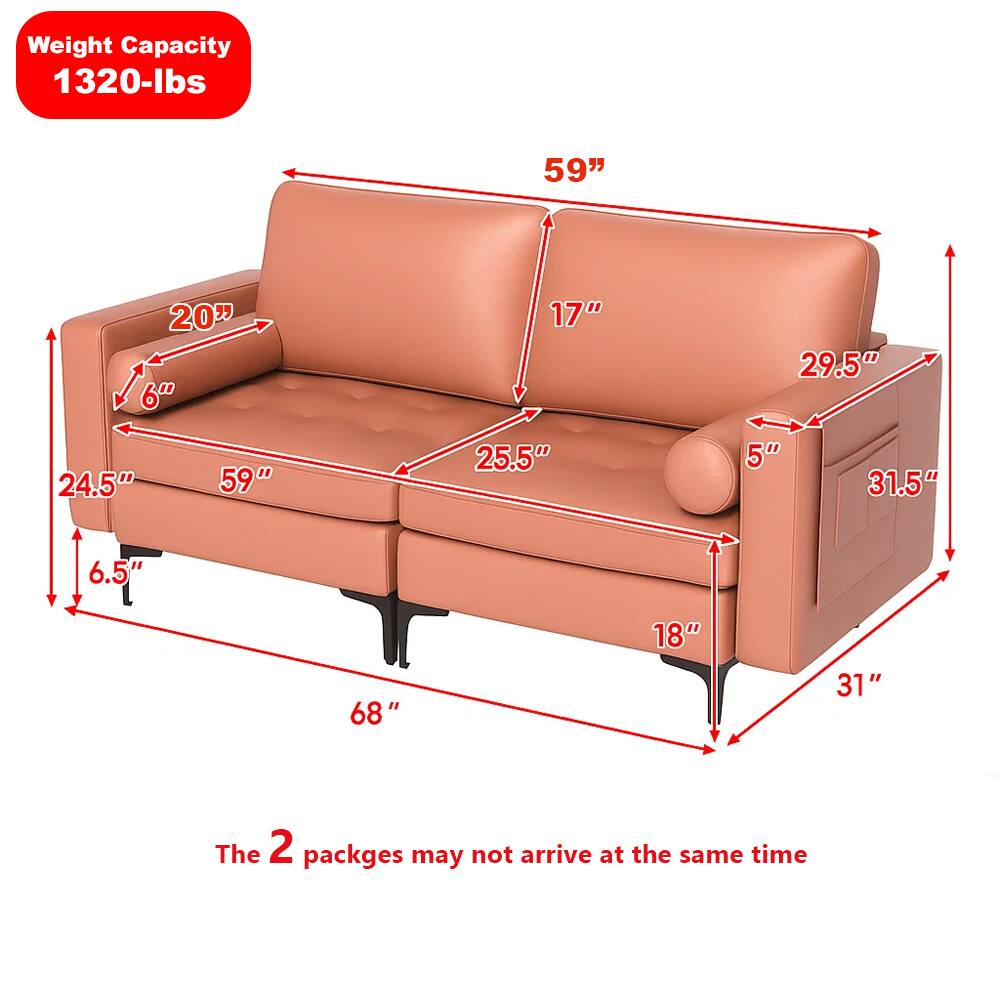Weight Capacity: 1320-lbs

Dimensions:
- Length: 68"
- Width: 31"
- Height: 31.5"
- Seat Height: 18"
- Seat Depth: 24.5"
- Armrest Height: 20"
- Armrest Width: 59"
- Back Height: 59"
- Back Width: 29.5"
- Cushion Depth: 25.5"
- Cushion Height: 6"
- Armrest to Seat: 5"
- Leg Height: 6.5"

Note: The 2 packages may not arrive at the same time.