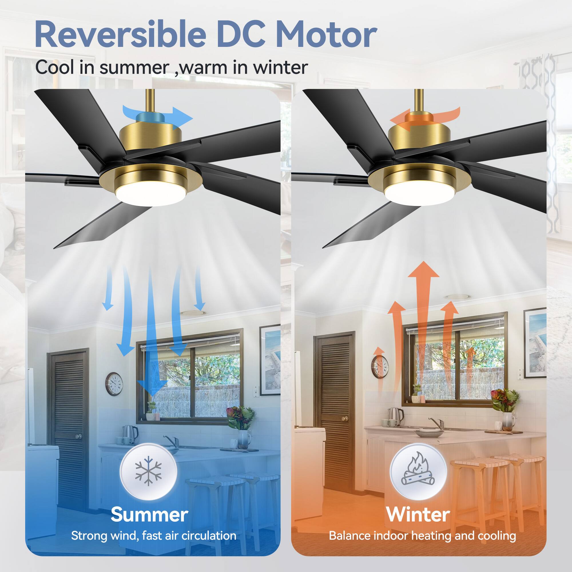 Reversible DC Motor
Cool in summer, warm in winter.

Summer: Strong wind, fast air circulation
Winter: Balance indoor heating and cooling