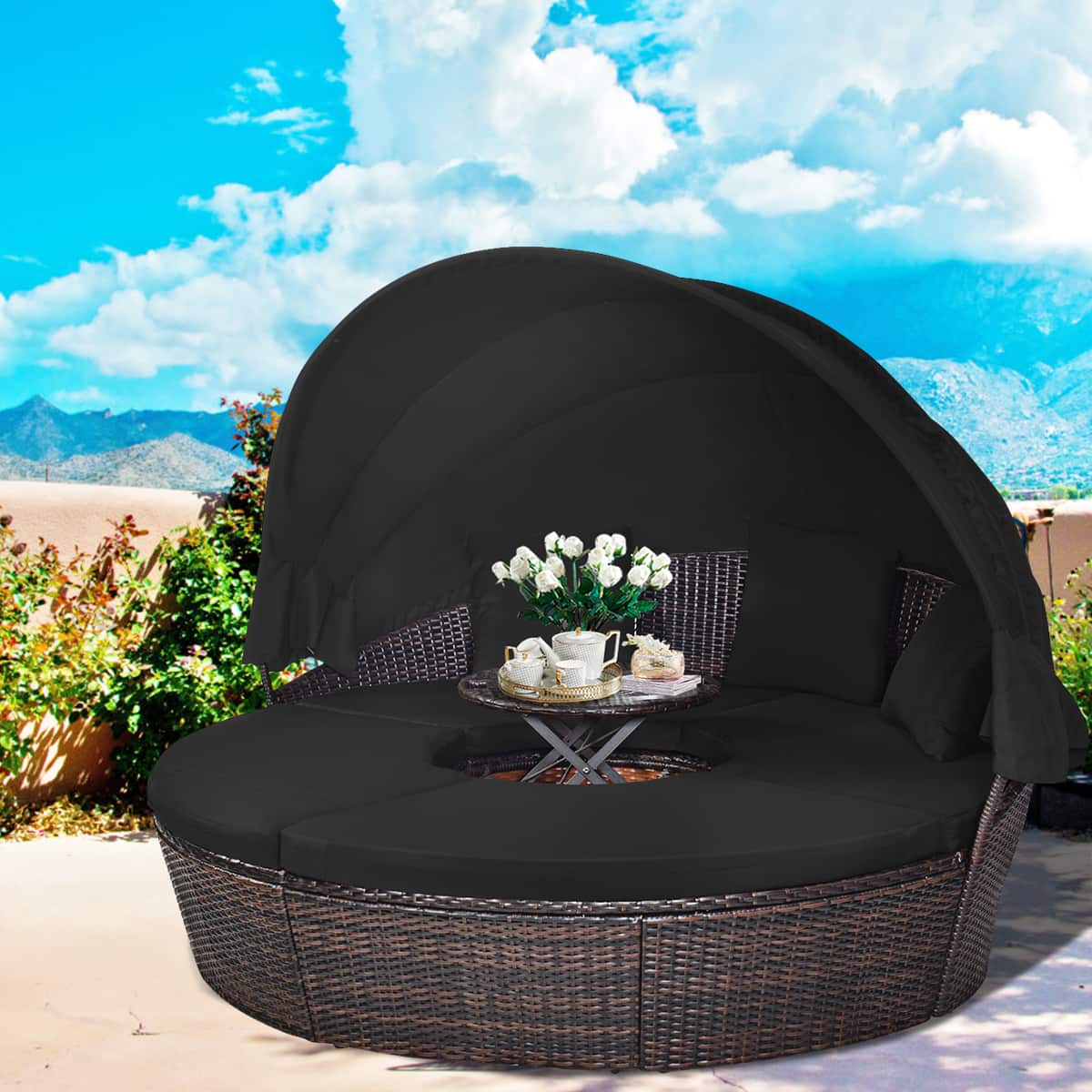 Gymax - Cushioned Patio Rattan Round Daybed w/ Adjustable Table 3 Pillows - Black