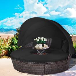 Gymax - Cushioned Patio Rattan Round Daybed w/ Adjustable Table 3 Pillows - Black