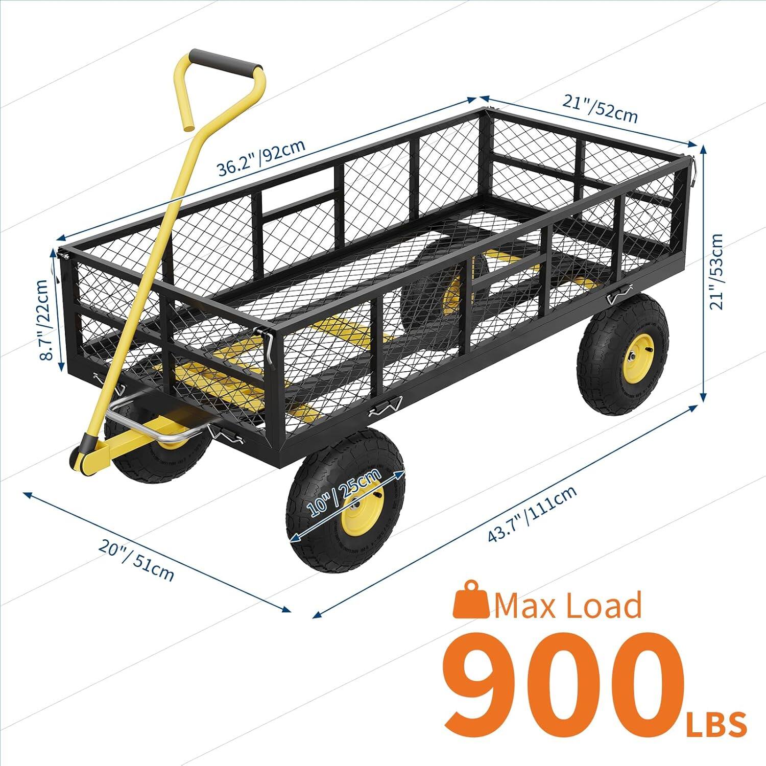 - 22cm / 8.7"
- 36.2" / 92cm
- 21" / 52cm
- 21" / 53cm
- 20" / 51cm
- 10" / 25cm
- 43.7" / 111cm
- Max Load 900 LBS
