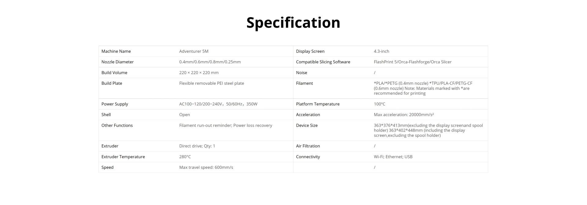 **Specification**

- **Machine Name:** Adventurer 5M
- **Nozzle Diameter:** 0.4mm/0.6mm/0.8mm/0.25mm
- **Build Volume:** 220 x 220 x 240 mm
- **Build Plate:** Flexible removable PEI steel plate
- **Power Supply:** AC100-120/200-240V, 50/60Hz, 350W
- **Shell:** Open
- **Other Functions:** Filament run-out reminder; Power loss recovery
- **Extruder:** Direct drive, Qty: 1
- **Extruder Temperature:** 280°C
- **Speed:** Max travel speed: 600mm/s
- **Display Screen:** 4.3-inch
- **Compatible Slicing Software:** FlashPrint 5/Orca-Flashforge/Orca Slicer
- **Noise:** /
- **Filament:** *PLA/PETG (0.4mm nozzle)* *TPU/PLA-CF/PETG-CF (0.6mm nozzle)* Note: Materials marked