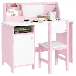 Qaba - Toddler Desk and Chair Set, Kids Writing Desk Study Table, Whiteboard, Storage Cabinet, Child Furniture, Art Gifts - Pink