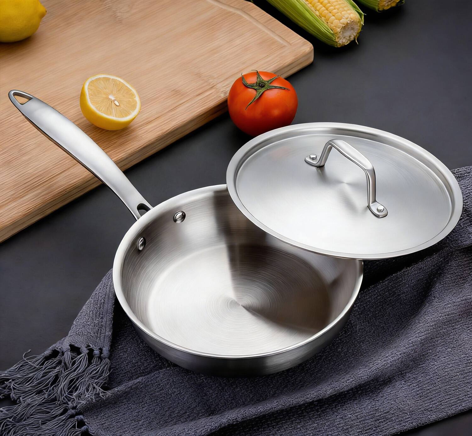 Angle. Fortune Candy - 8-Inch Fry Pan with Lid, 3-ply Skillet, 18/8 Stainless Steel, Dishwasher Safe, Induction Ready, Silver - Silver.