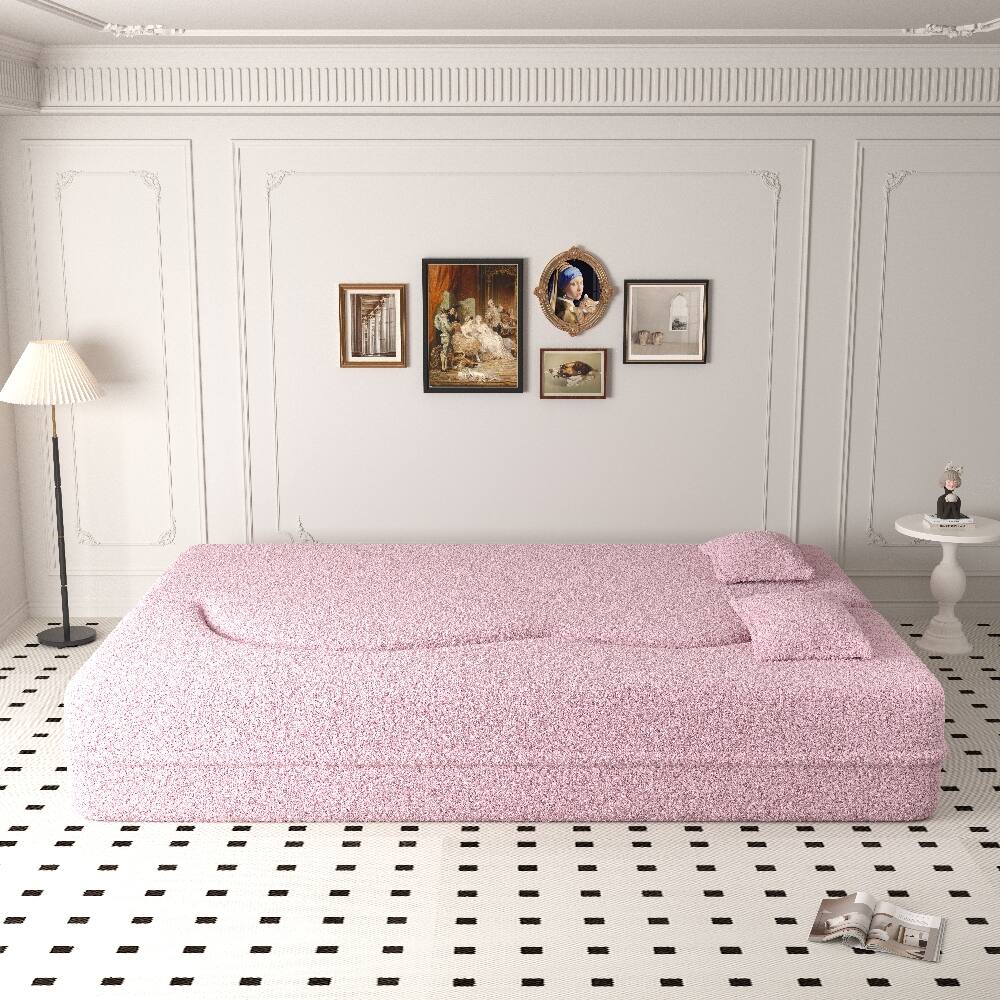 Alt View 2. Loheer - Loheer Pink Convertible Floor Sofa Sherpa Fleece Sleeper Sofa Bed Full Size Folding Mattress No Assembly Required - Pink.