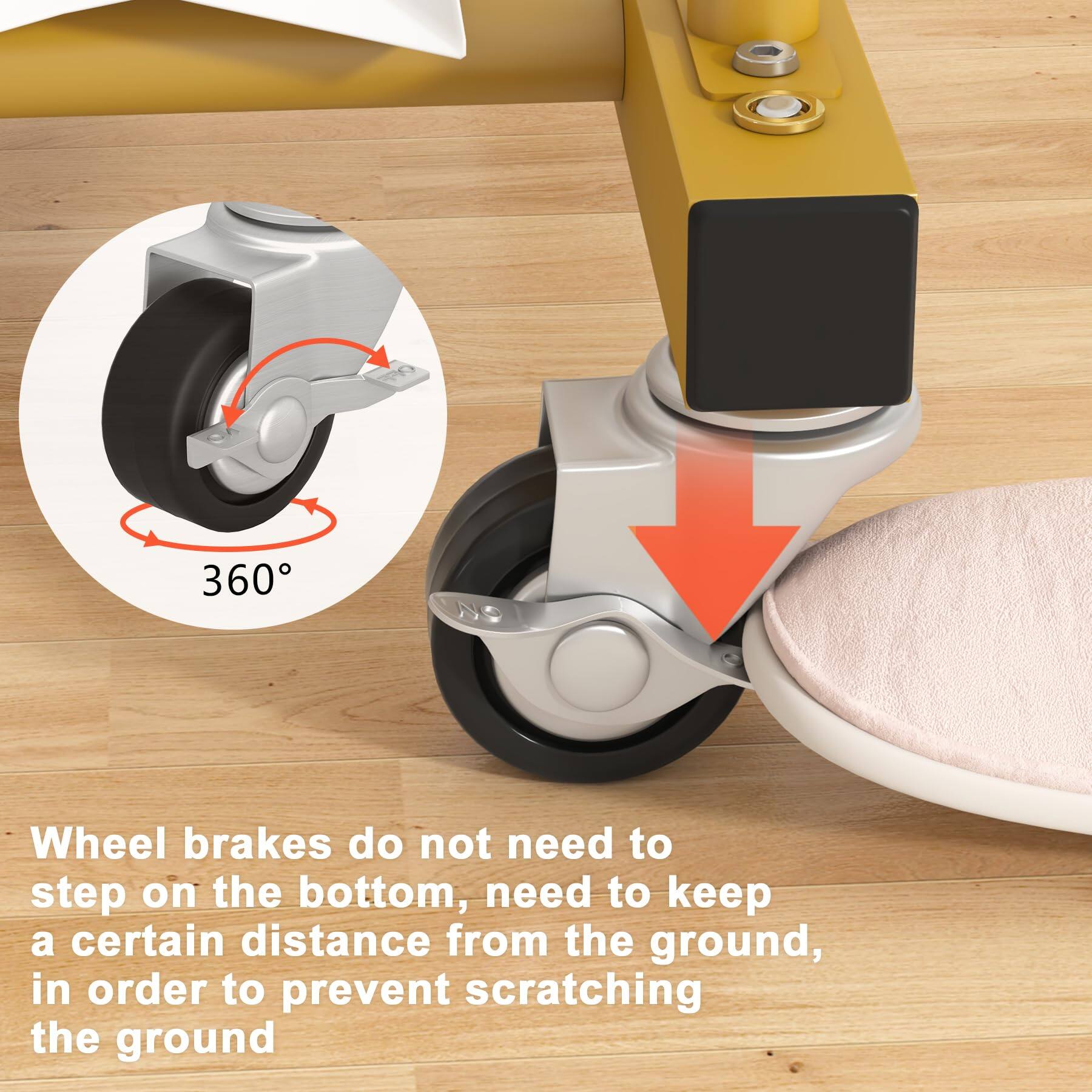 Wheel brakes do not need to step on the bottom, need to keep a certain distance from the ground, in order to prevent scratching the ground.