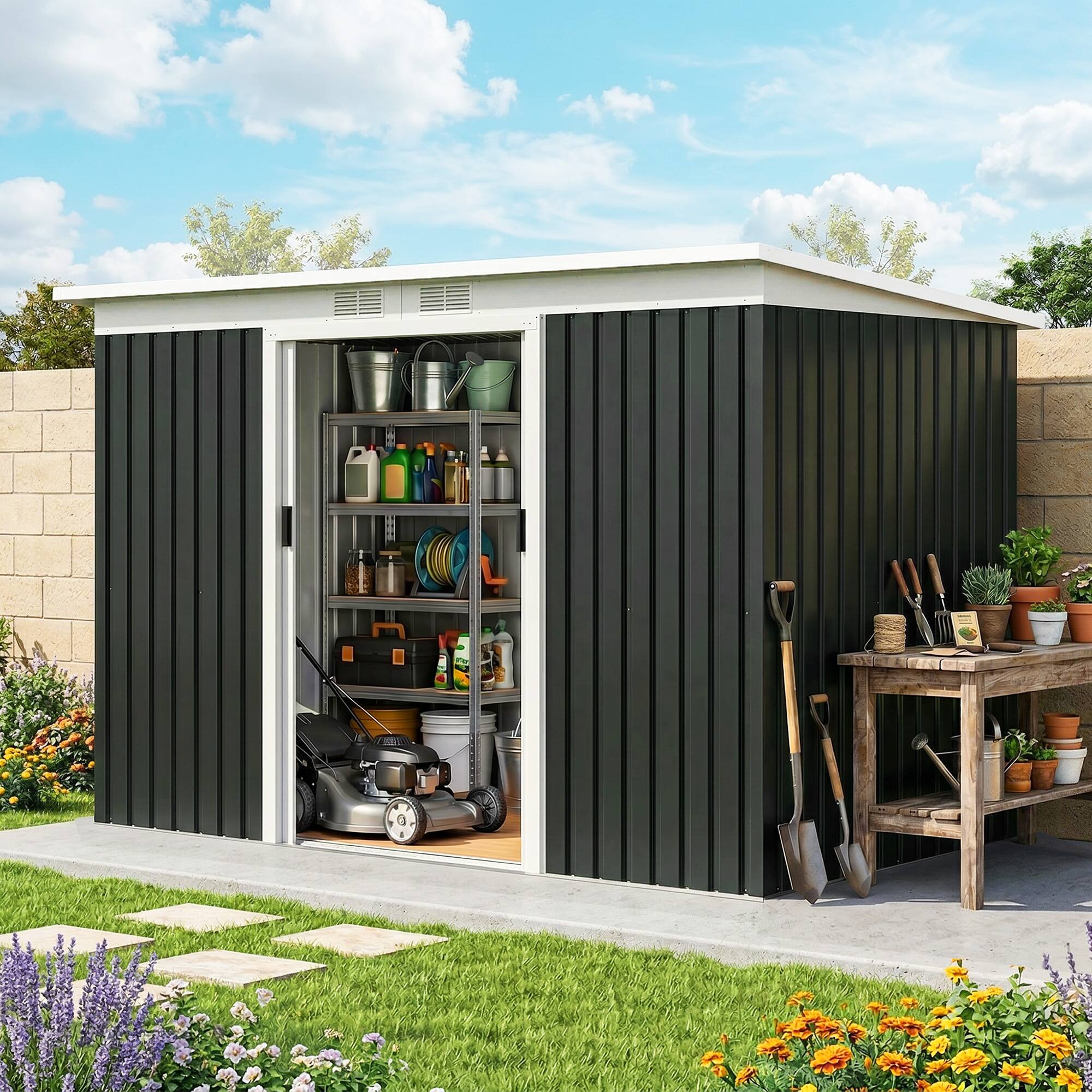 Alt View 1. Outsunny - x 4' Metal Outdoor Storage Shed, Tool House with Double Lockable Doors for Backyard, Patio, Lawn, Garage.