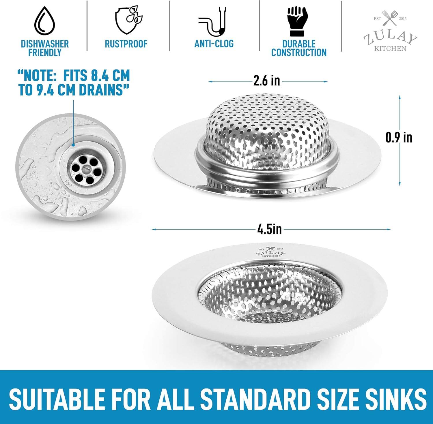 Angle. Zulay Kitchen - Zulay Kitchen Sink Drain Strainer (2 Pack) - Wide Rim 4.5” Diameter Stainless Steel Sink Strainer - Silver.
