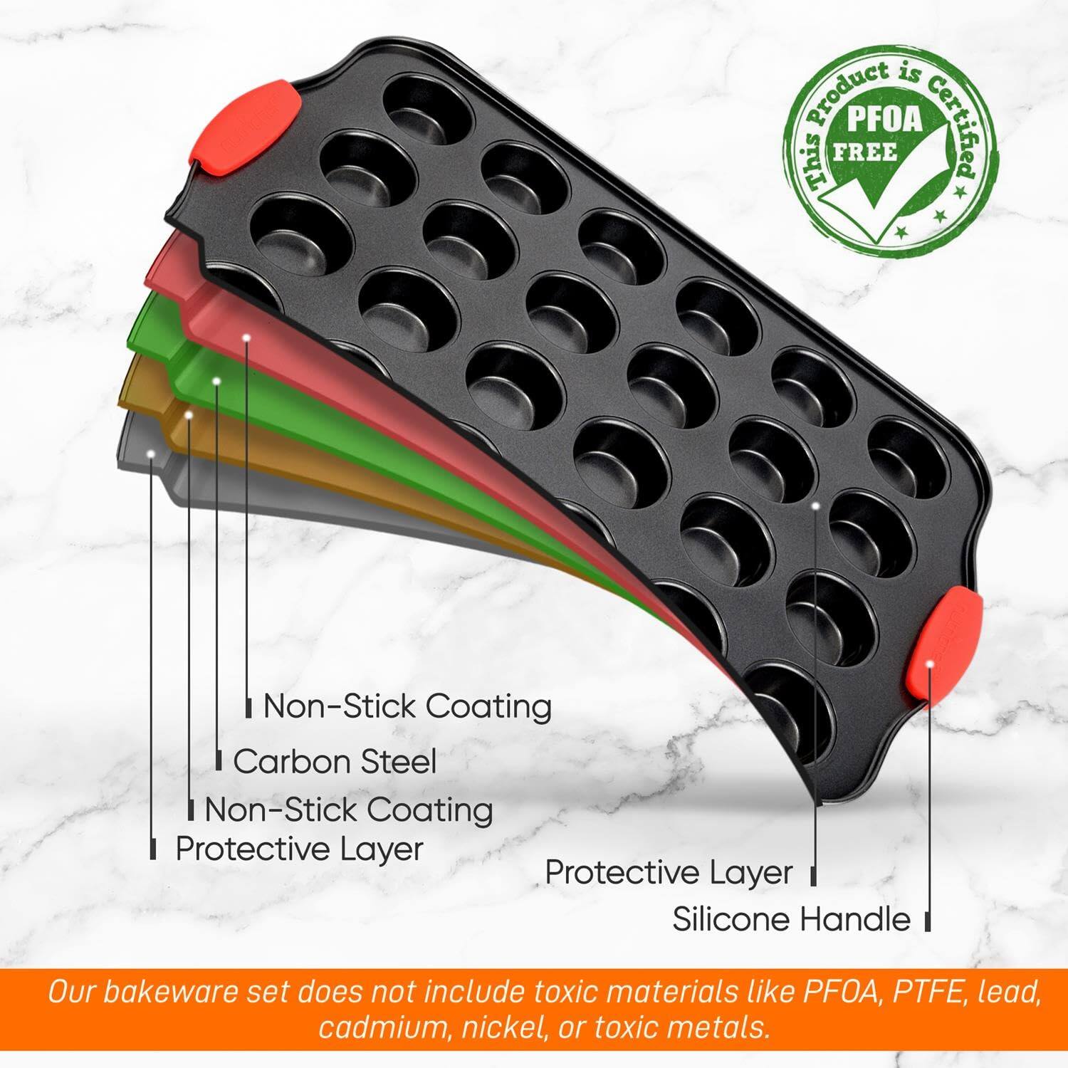 Product is PFOA Certified FREE

This Non-Stick Coating Carbon Steel Non-Stick Coating Protective Layer Protective Layer Silicone Handle

Our bakeware set does not include toxic materials like PFOA, PTFE, lead, cadmium, nickel, or toxic metals.