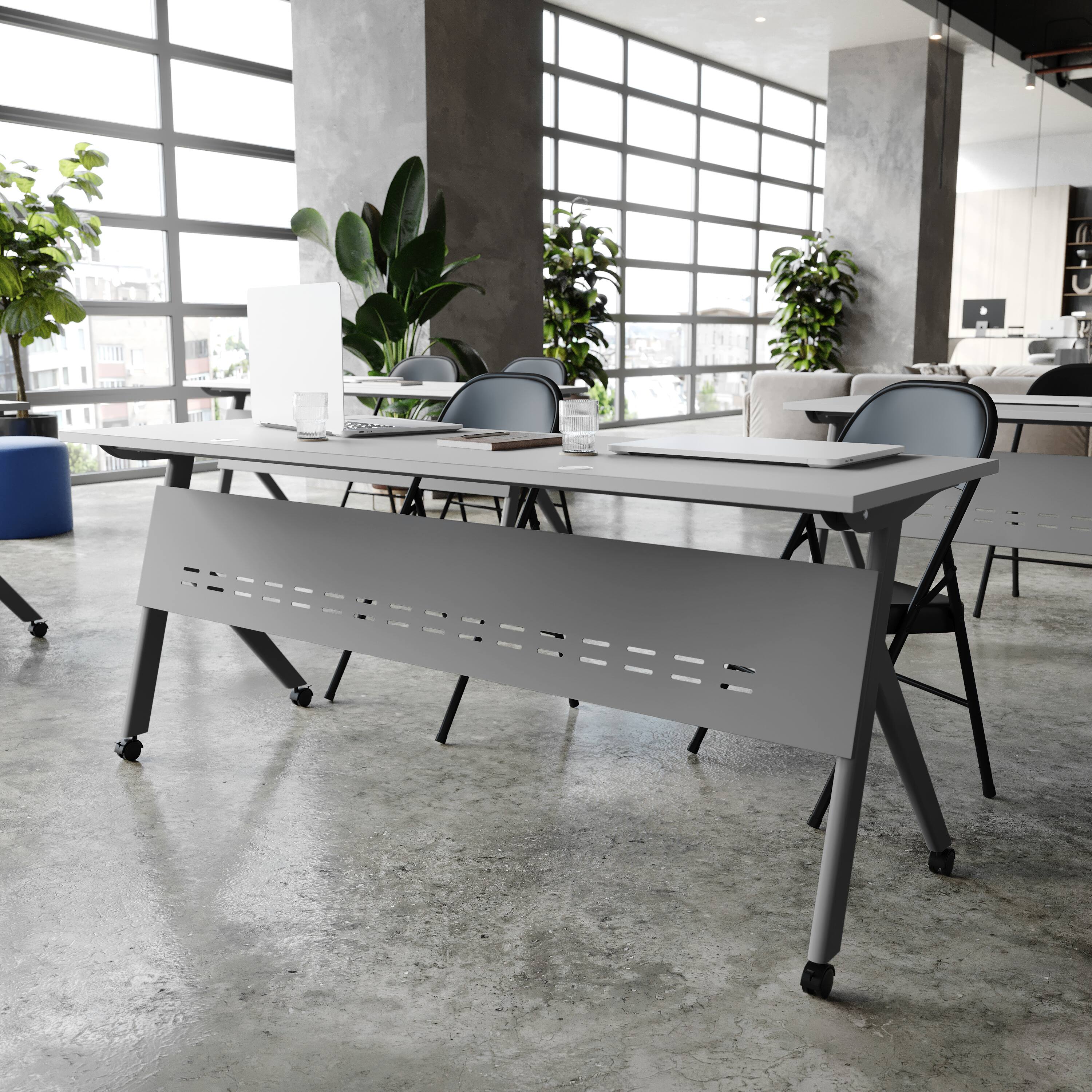 Alt View 2. Flash Furniture - Davis Commercial Grade 72" x 24" Heavy-Duty Nesting Flip Training Table with Y-Legs, Modesty Panel, 1" Thick Gray Tablet - Gray.