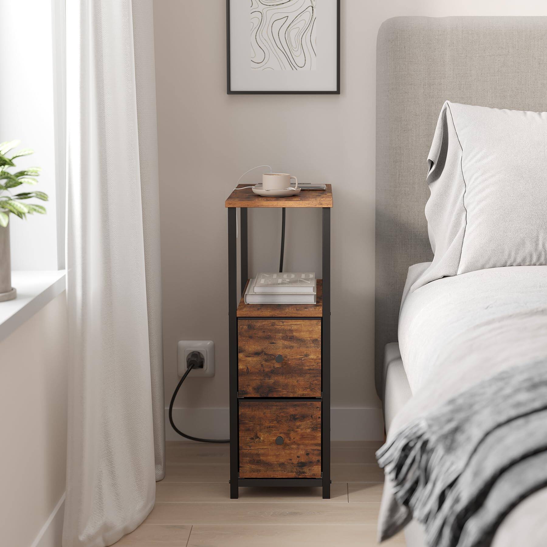 Alt View 5. PO3TICJUNKI3 - Narrow End Table With Charging Station Set Of 2 Side Outlets Nightstand 2 Cloth Drawers Couch For Living Ro... - Brown.