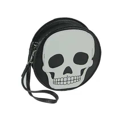 Front. Comeco - Textured Black Vinyl Skull Design Round Wristlet Purse with Removable Strap 5 Inch Diameter - Black.