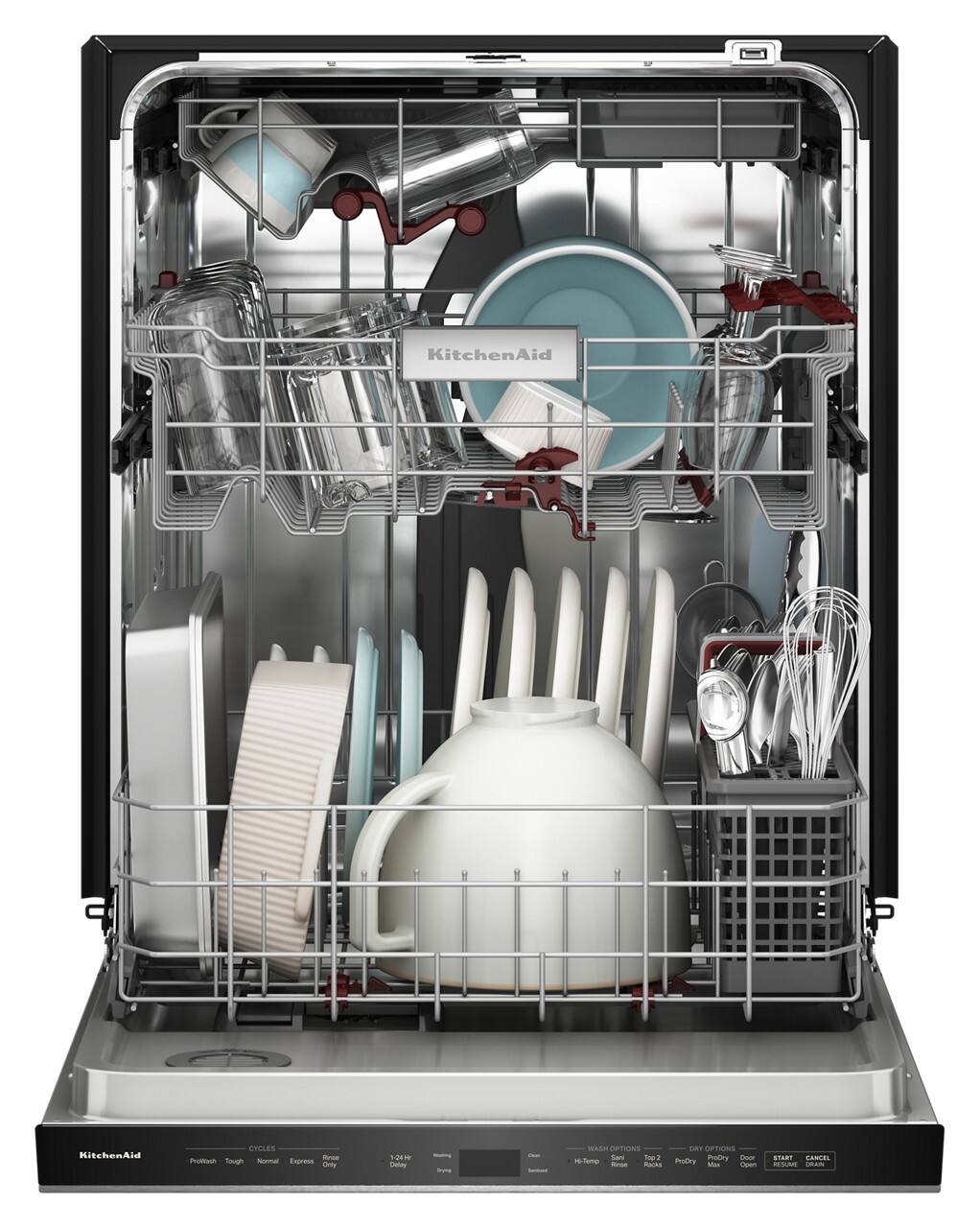 KitchenAid

CYCLES
ProWash Tough
Normal
Express
Rinse Only
1:24h Delay
Warming
Dry

WASH OPTIONS
Hi-Temp
Rinse
Top 2 Rack
ProDry
Max

DRY OPTIONS
ProDry
Door Open

START
CANCEL
RESUME
DRAW