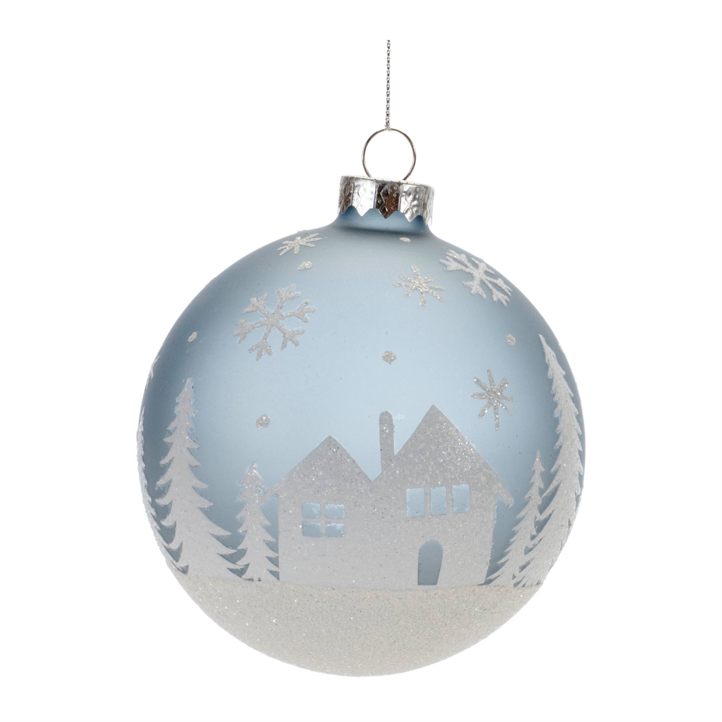Back. BreeBe - Frosted Forest and Village Ball Ornament (Set of 6) - Blue, White.