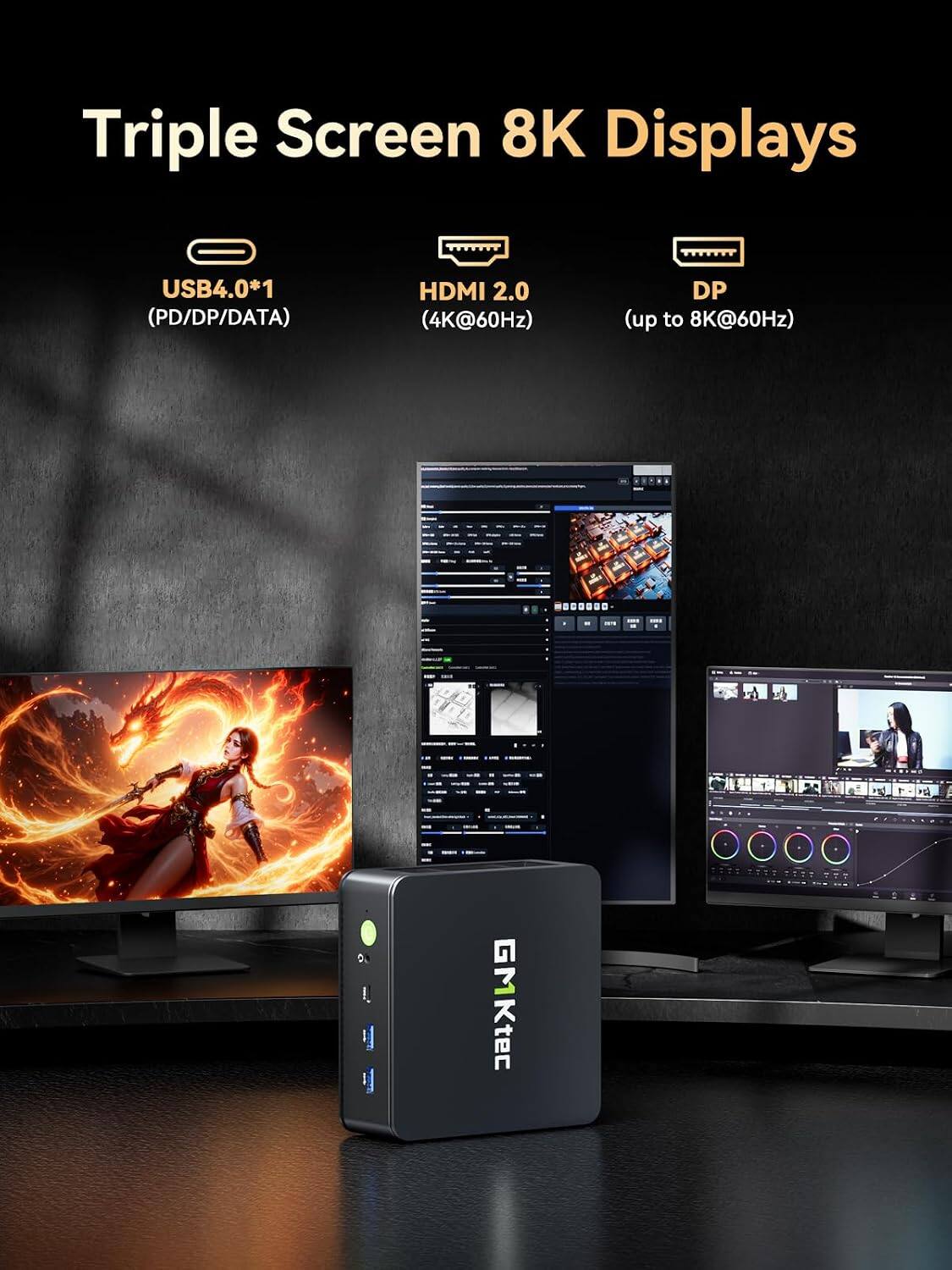 Triple Screen 8K Displays

USB4.0*1 (PD/DP/DATA)
HDMI 2.0 (4K@60Hz)
DP (up to 8K@60Hz)

GMKtec