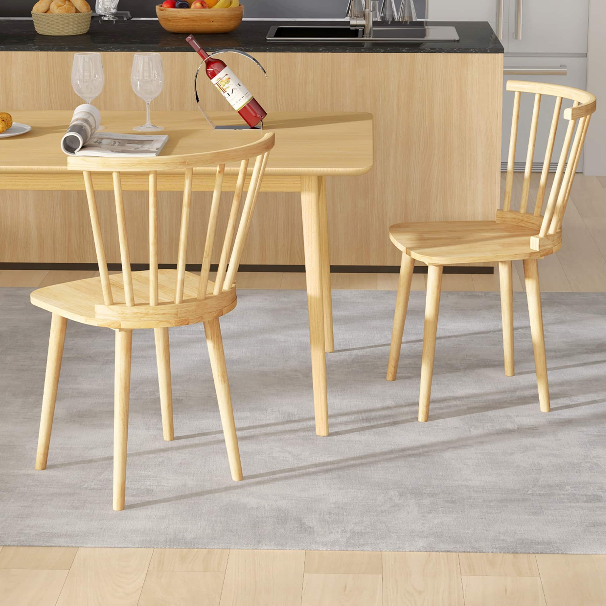 Angle. Costway - Rubber Wood Windsor Dining Chairs Set of 2 with Spindle Back for Living Room - Natural.