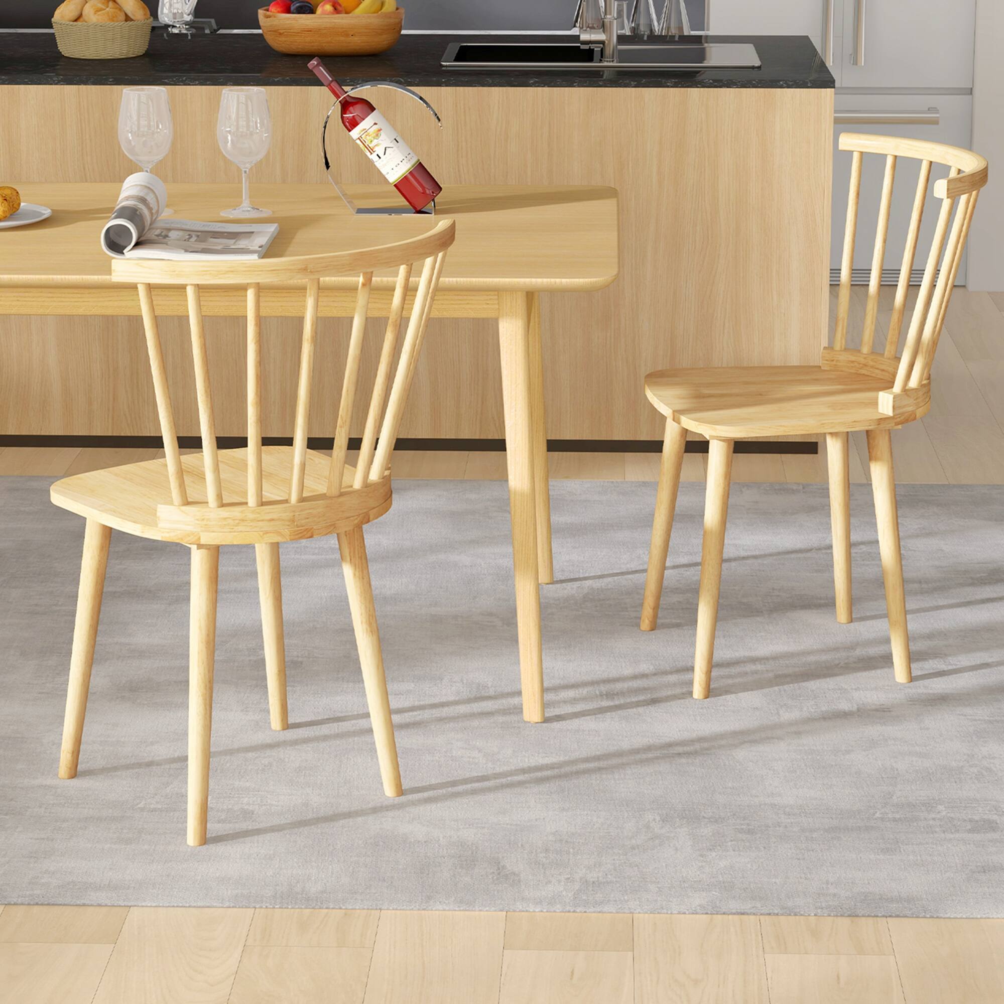 Angle. Costway - Rubber Wood Windsor Dining Chairs Set of 2 with Spindle Back for Living Room - Natural.