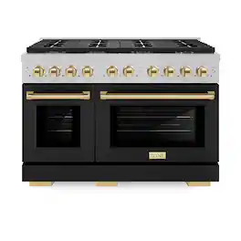 ZLINE - Autograph 48 in. 6.7 cu. ft. Freestanding Paramount Gas DuoPro Range in Satin Steel with Black Doors & Gold Accents - Black Matte