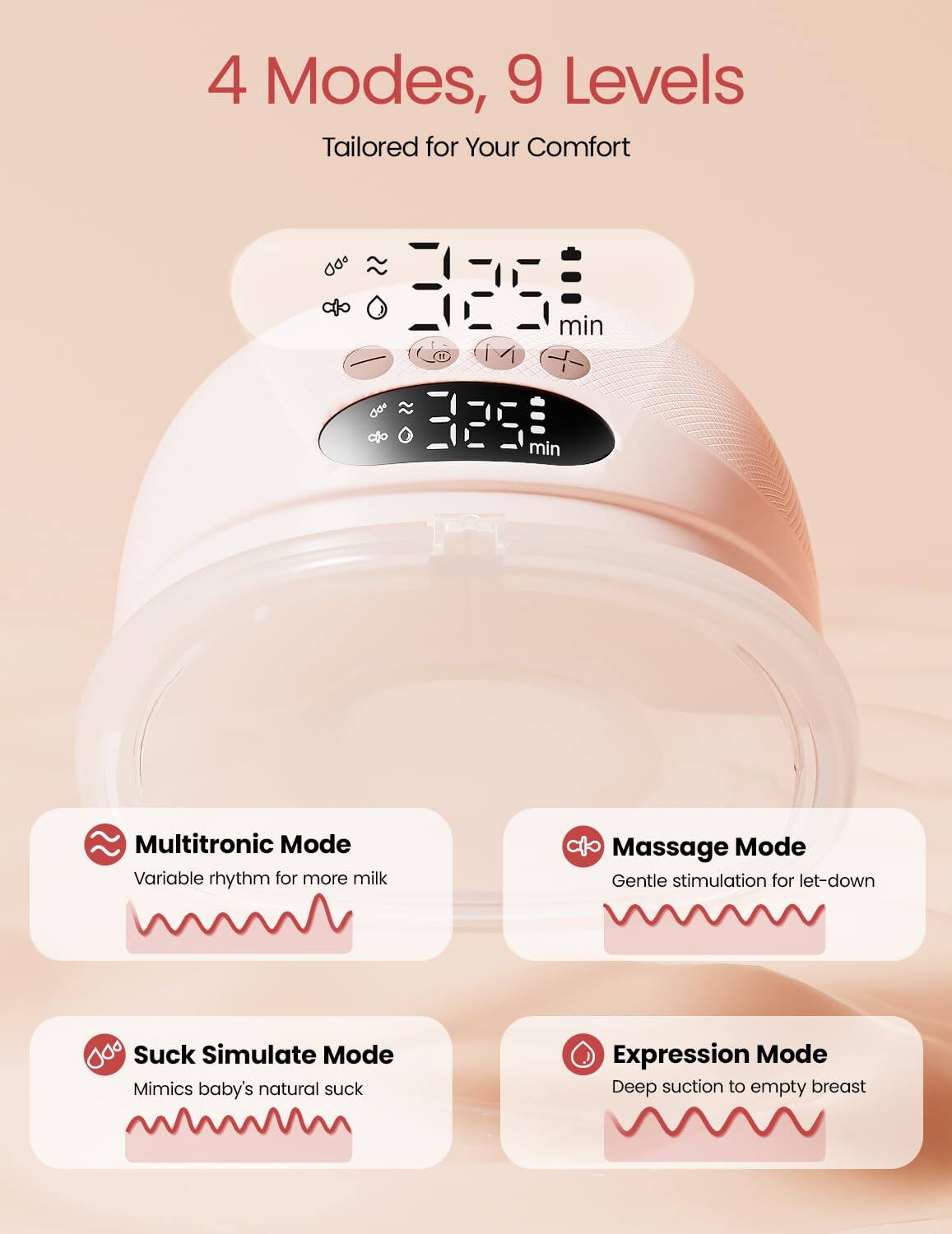 4 Modes, 9 Levels  
Tailored for Your Comfort  

Multitronic Mode  
Variable rhythm for more milk  

Massage Mode  
Gentle stimulation for let-down  

Suck Simulate Mode  
Mimics baby's natural suck  

Expression Mode  
Deep suction to empty breast