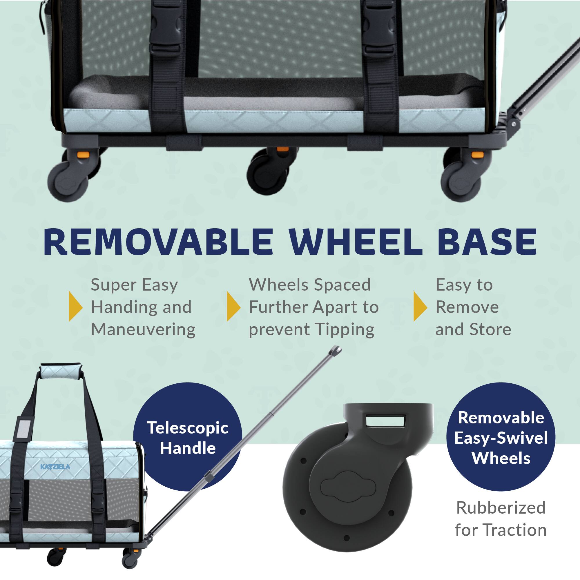 REMOVABLE WHEEL BASE

- Super Easy Handling and Maneuvering
- Wheels Spaced Further Apart to prevent Tipping
- Easy to Remove and Store

Telescopic Handle

Removable Easy-Swivel Wheels

Rubberized for Traction