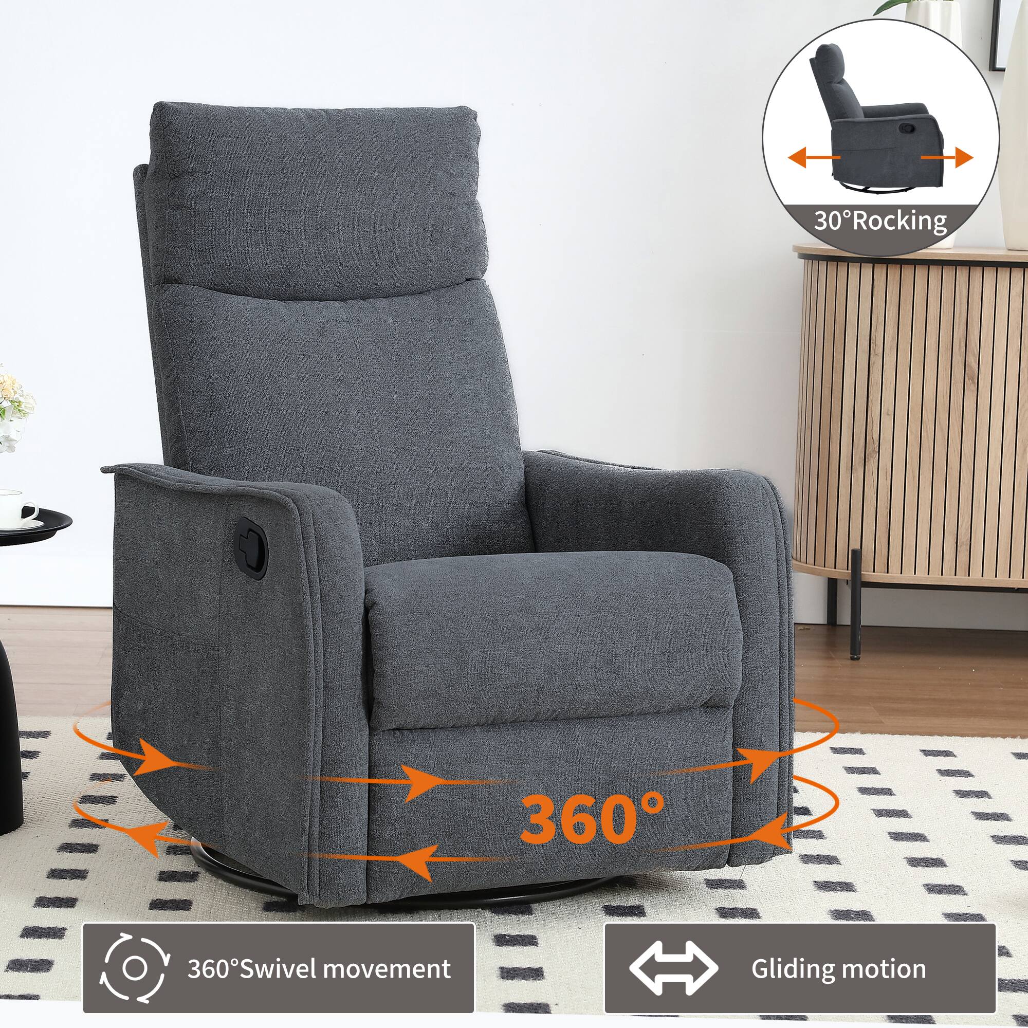 30° Rocking  
360° Swivel movement  
Gliding motion