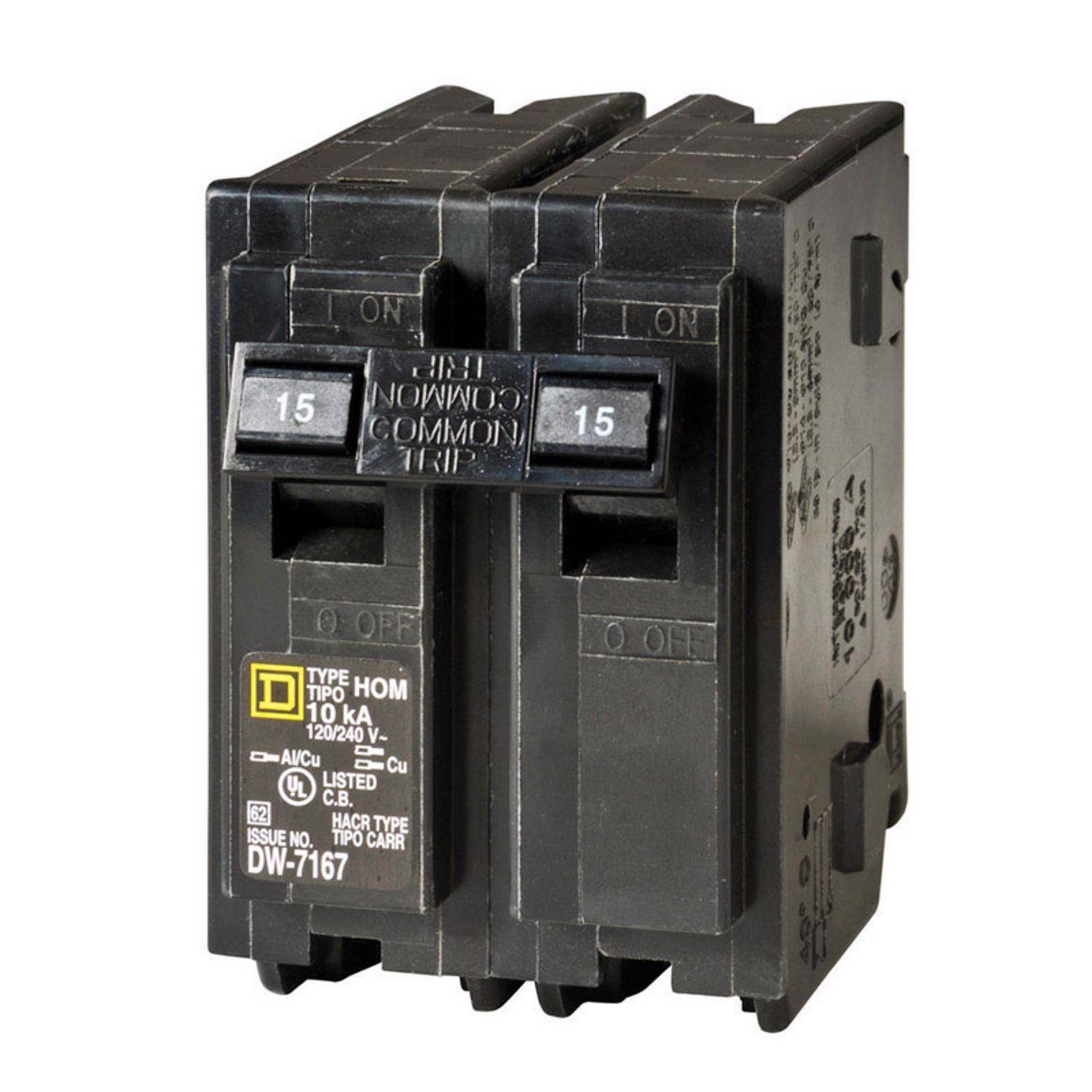 I ON | 1315 15 COMMON COMMON 15 TRIP

ON
OFF

TYPE TIPO HOM 10 kA 120/240 V- AVCu Cu VL LISTED .. 62 HACR TYPE ISSUE NO. TIPO CARR DW-7167