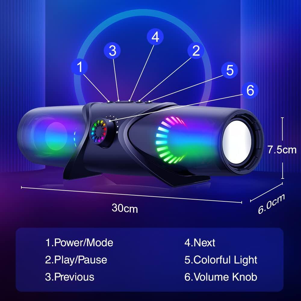 1. Power/Mode  
2. Play/Pause  
3. Previous  
4. Next  
5. Colorful Light  
6. Volume Knob  

Dimensions:  
- Length: 30 cm  
- Diameter: 7.5 cm  
- Width: 6.0 cm
