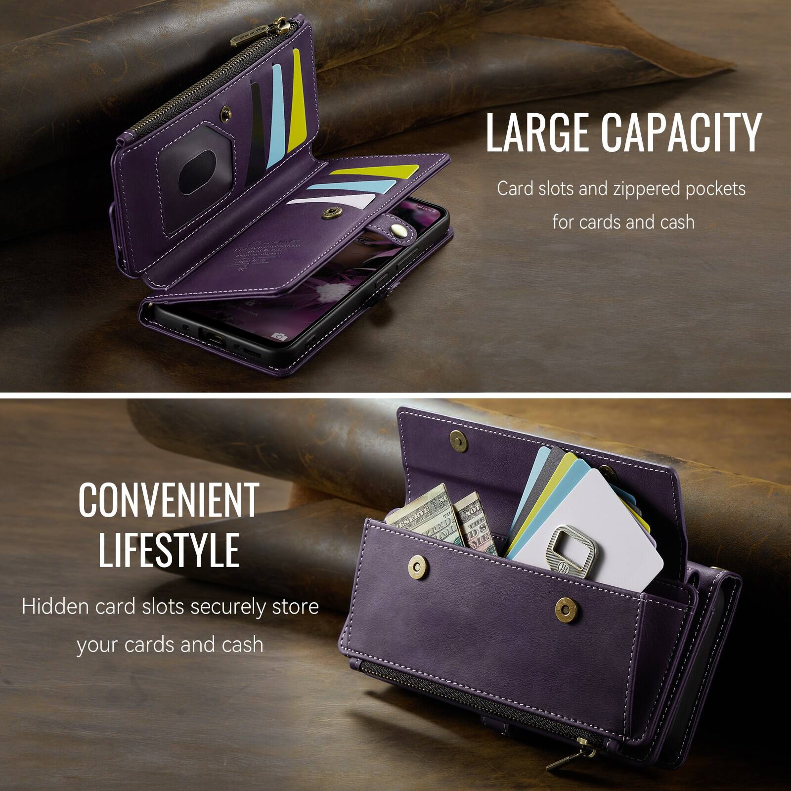LARGE CAPACITY  
Card slots and zippered pockets for cards and cash  

CONVENIENT LIFESTYLE  
Hidden card slots securely store your cards and cash
