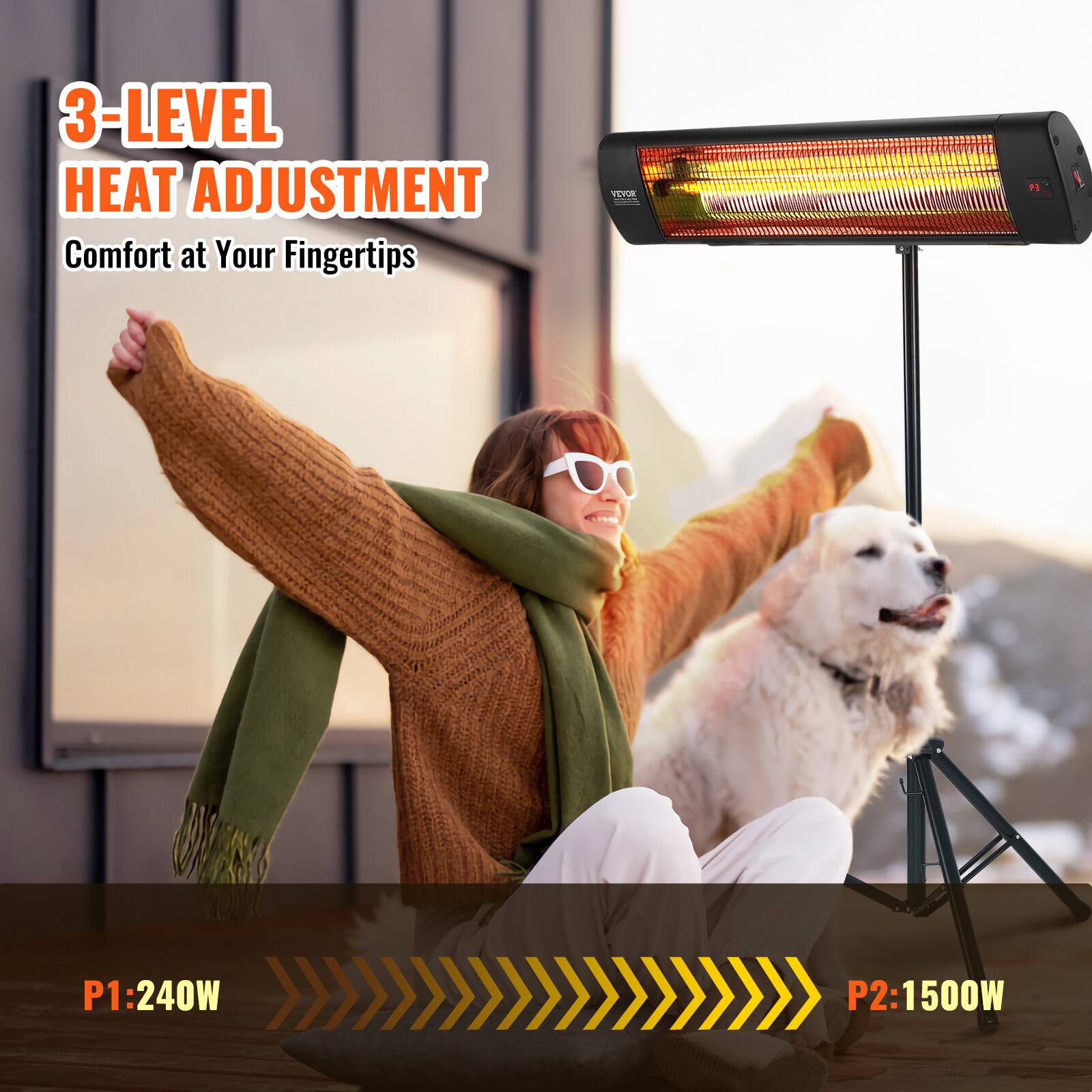 3-LEVEL HEAT ADJUSTMENT  
Comfort at Your Fingertips

VEVOR  
P3  
P1: 240W  
P2: 1500W