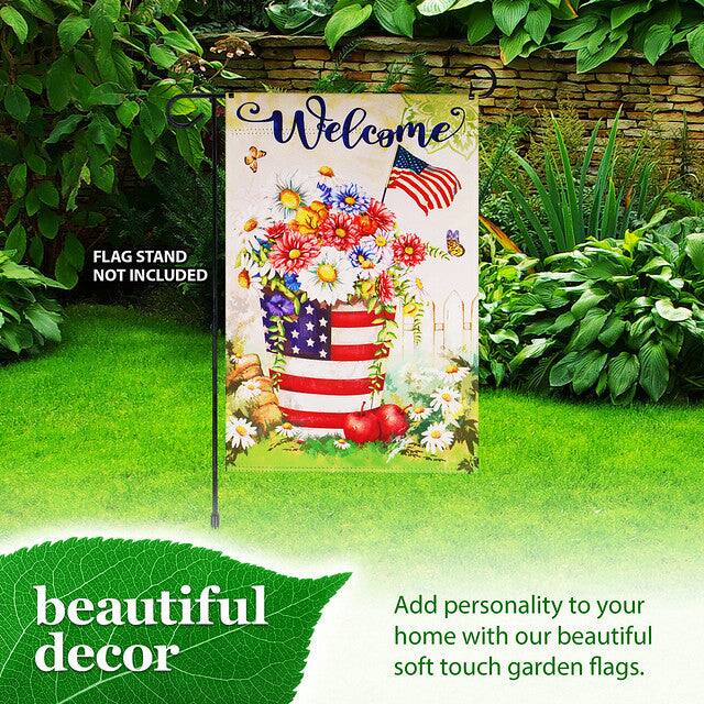 Welcome  
FLAG STAND NOT INCLUDED  

beautiful decor  

Add personality to your home with our beautiful soft touch garden flags.