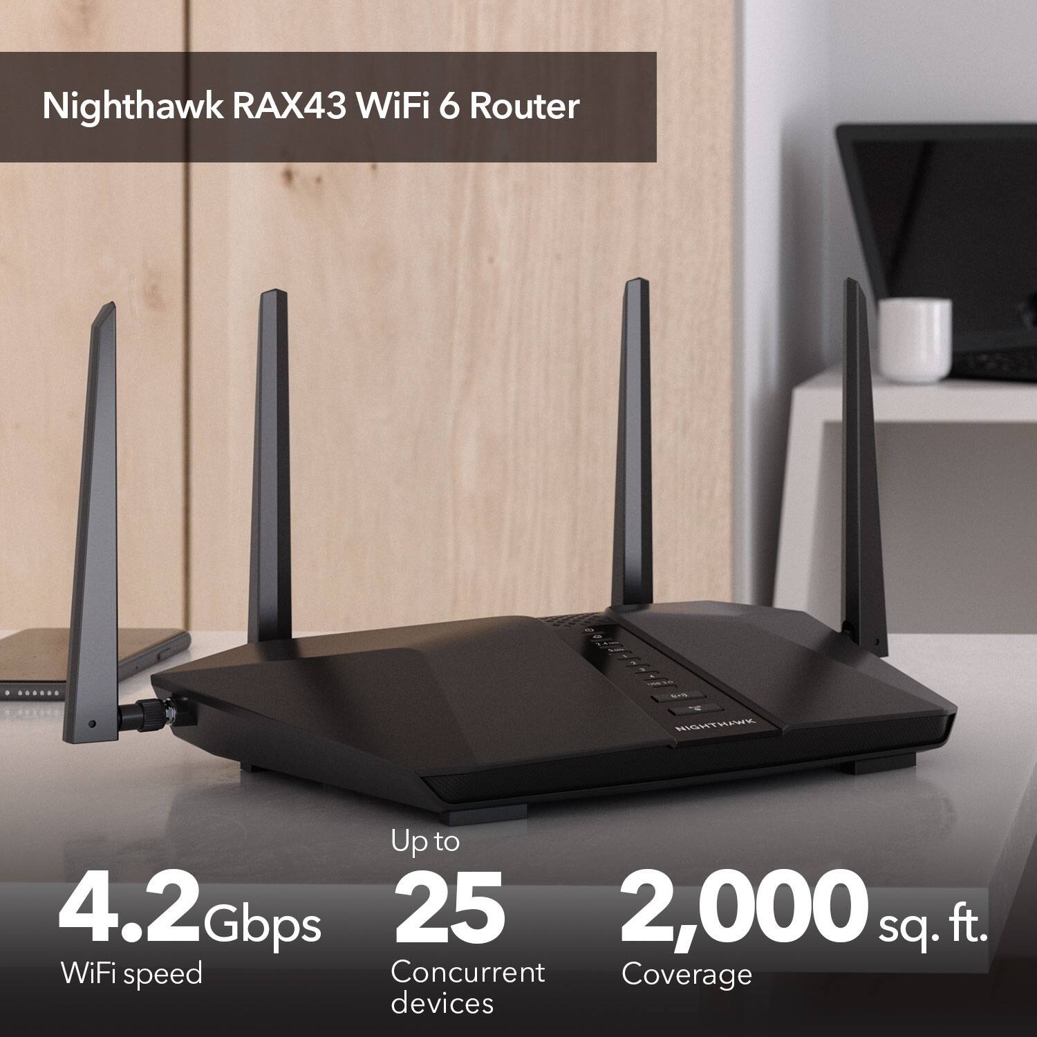 Nighthawk RAX43 WiFi 6 Router: Up to 4.2 Gbps, 25 devices, 2,000 sq. ft. WiFi speed, Concurrent Coverage.